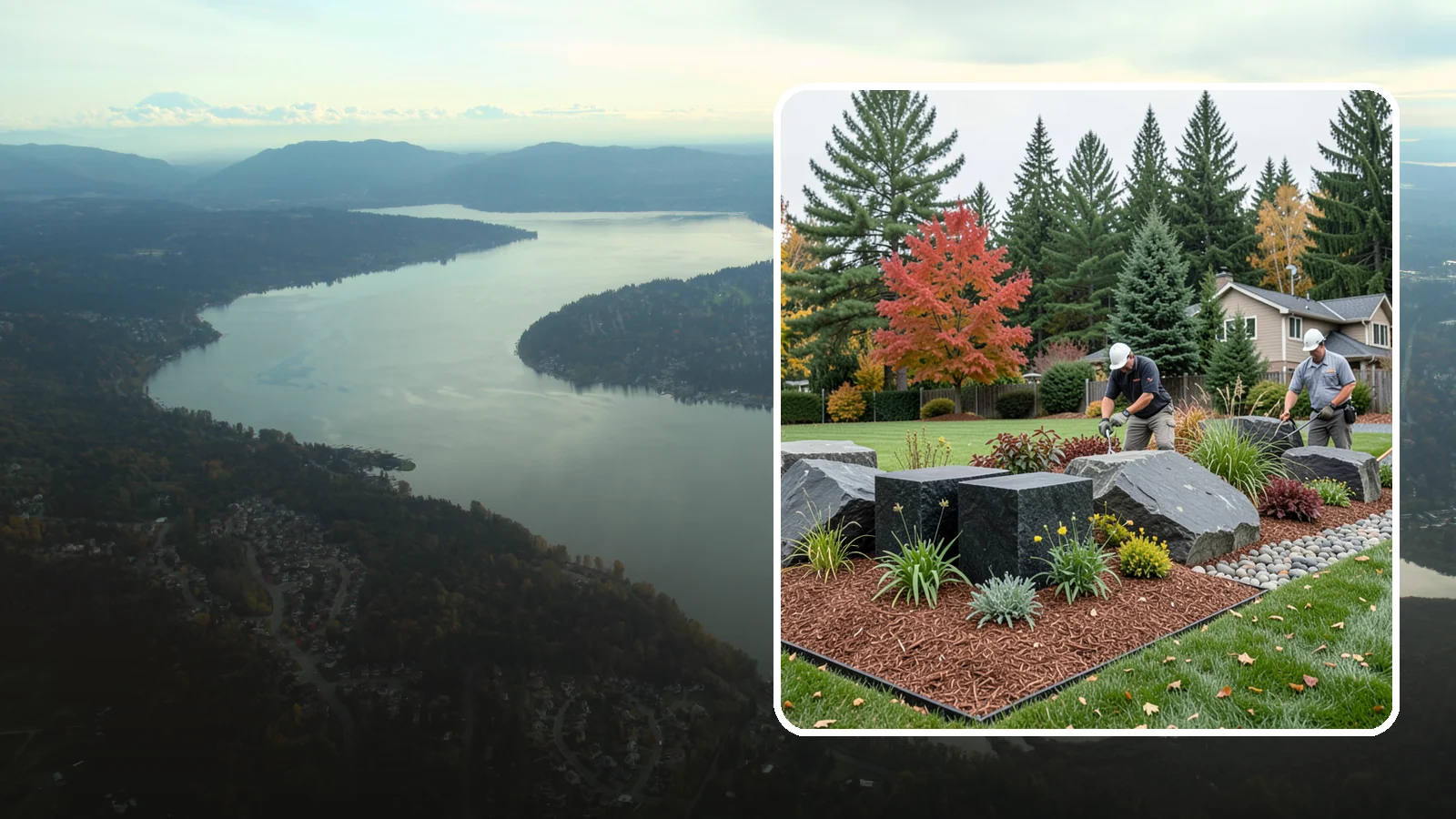 Basalt Rock Installation in Sammamish, King County, WA - Dark, dense Northwest basalt in columns, boulders, and crushed forms for a bold, native-stone character.