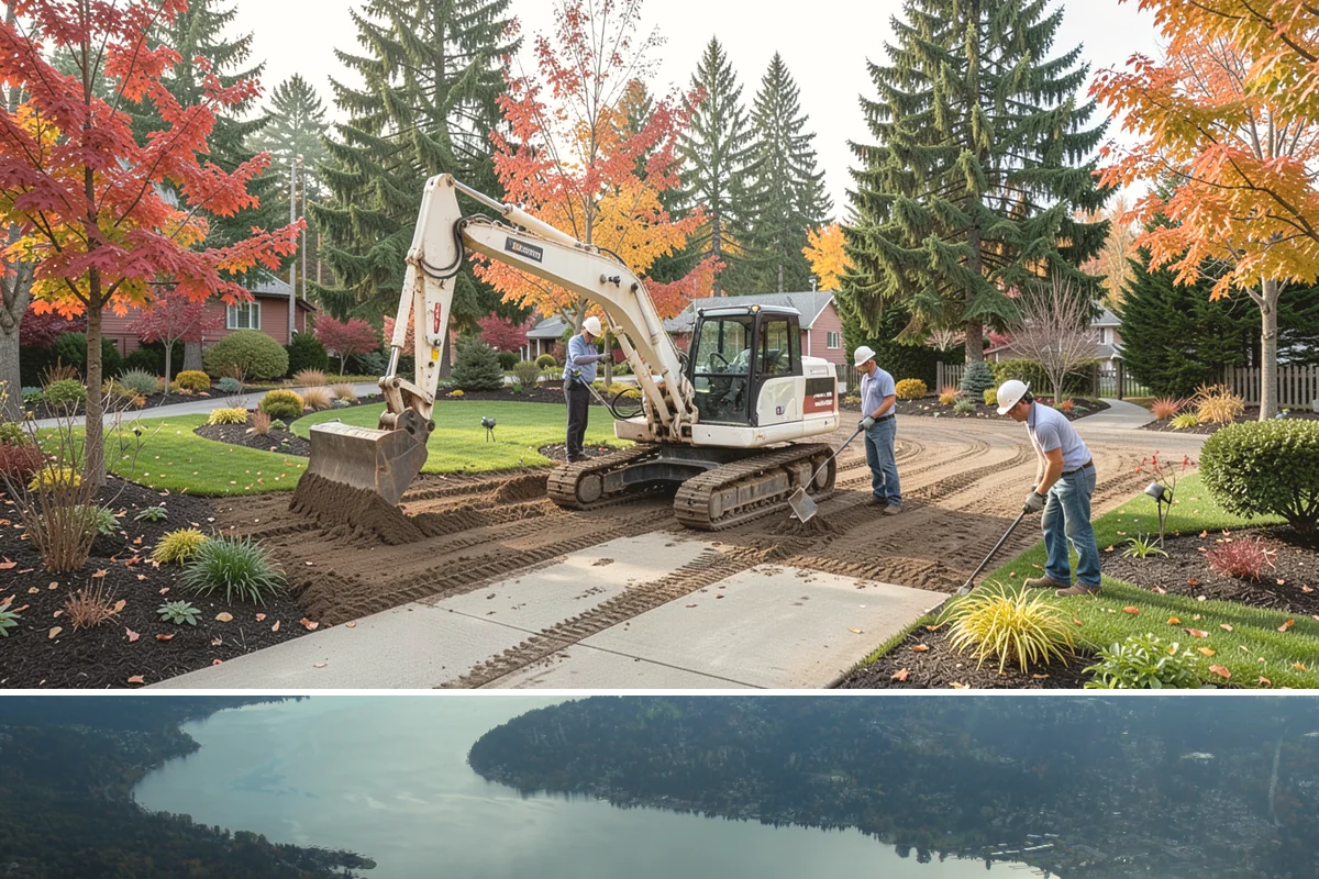 Basalt Rock Installation in Sammamish, King County, WA - Basalt can be set any time of year, though summer's firmer ground makes placing heavy boulders and columns safer and easier.
