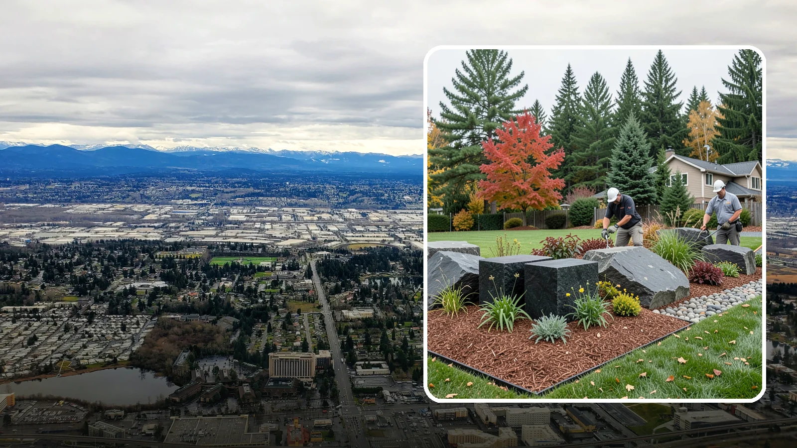 Basalt Rock Installation in SeaTac, King County, WA - Dark, dense Northwest basalt in columns, boulders, and crushed forms for a bold, native-stone character.