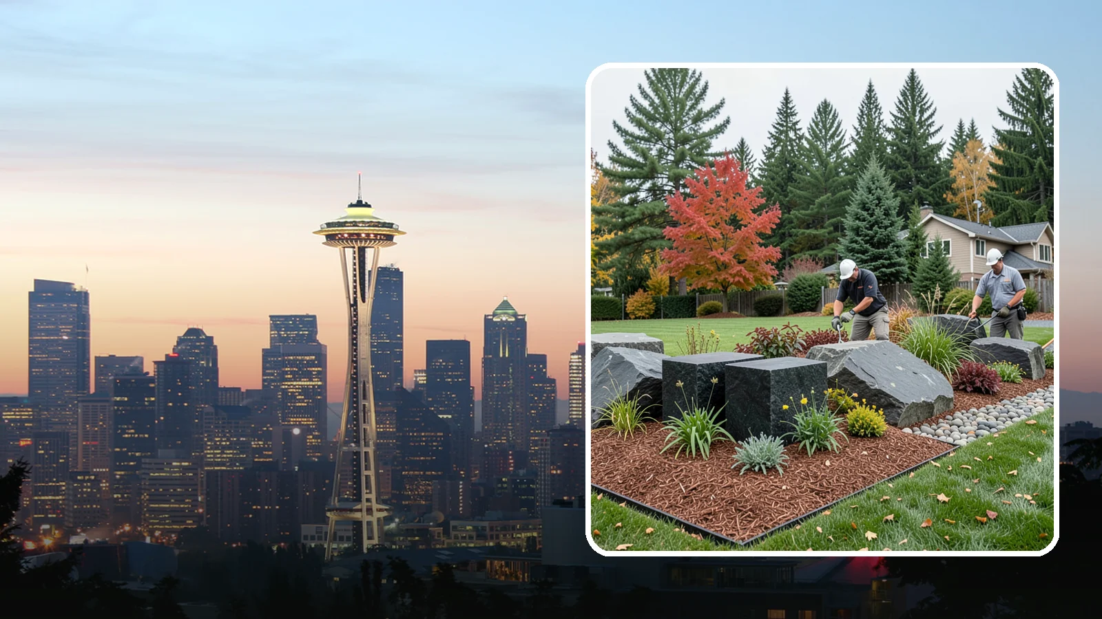 Basalt Rock Installation in Seattle, King County, WA - Dark, dense Northwest basalt in columns, boulders, and crushed forms for a bold, native-stone character.