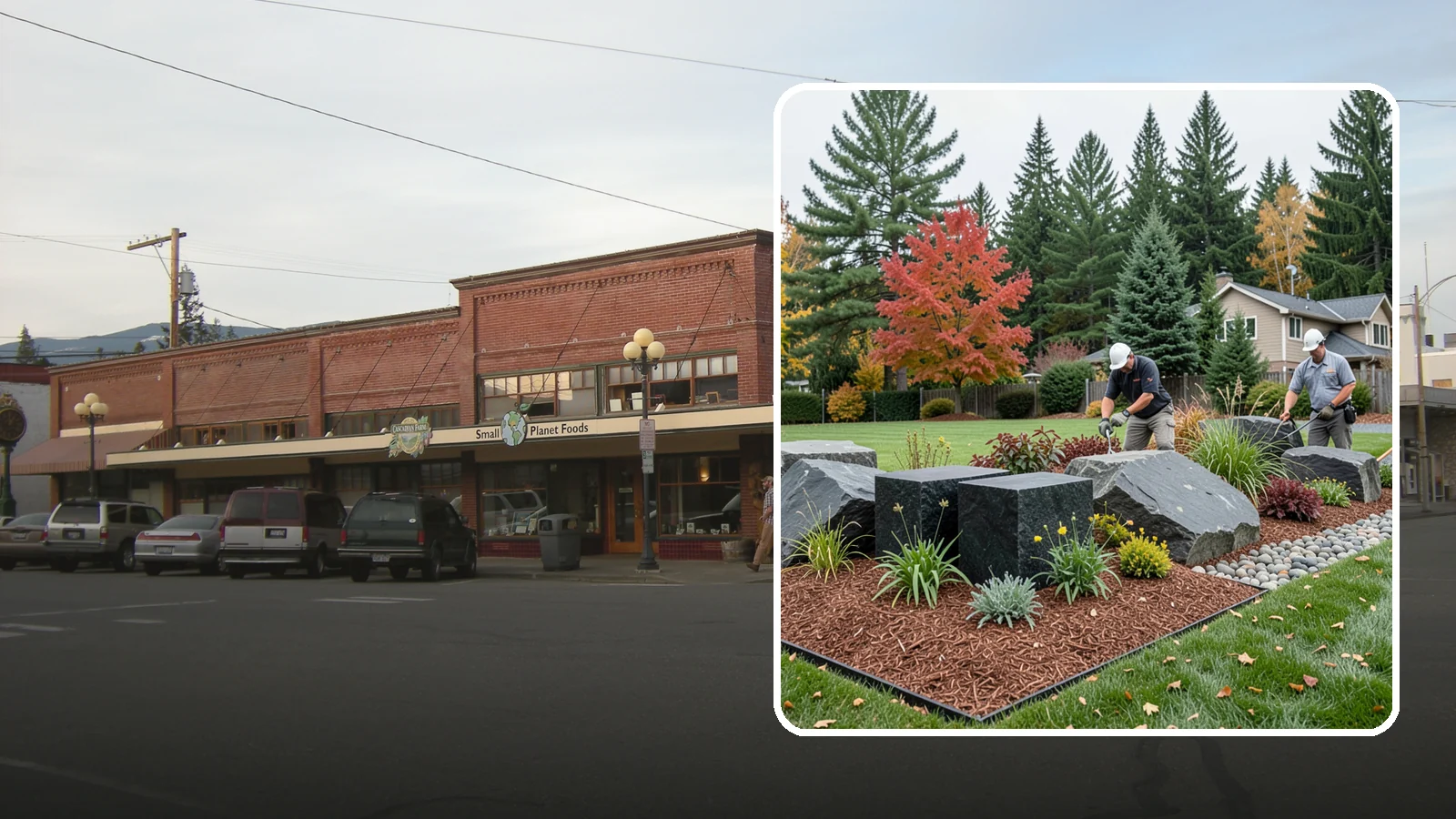 Basalt Rock Installation in Sedro-Woolley, Skagit County, WA - Dark, dense Northwest basalt in columns, boulders, and crushed forms for a bold, native-stone character.