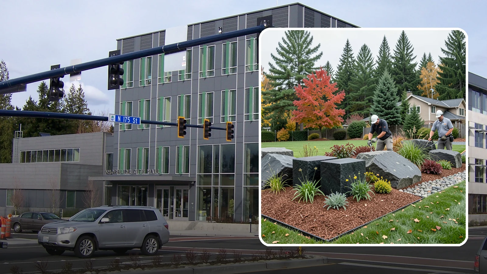 Basalt Rock Installation in Shoreline, King County, WA - Dark, dense Northwest basalt in columns, boulders, and crushed forms for a bold, native-stone character.