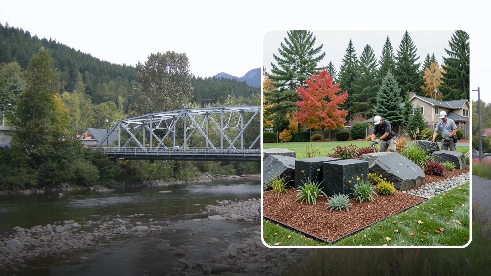 Basalt Rock Installation in Skykomish, King County, WA - Dark, dense Northwest basalt in columns, boulders, and crushed forms for a bold, native-stone character.