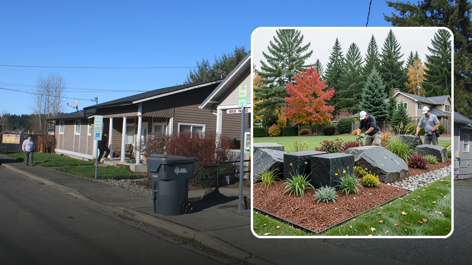 Basalt Rock Installation in South Prairie, Pierce County, WA - Dark, dense Northwest basalt in columns, boulders, and crushed forms for a bold, native-stone character.