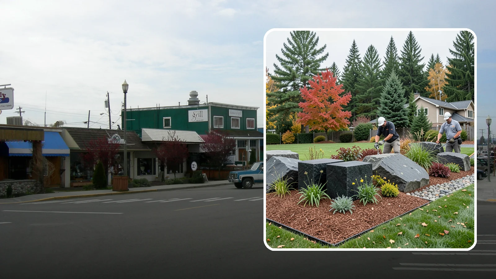 Basalt Rock Installation in Stanwood, Snohomish County, WA - Dark, dense Northwest basalt in columns, boulders, and crushed forms for a bold, native-stone character.