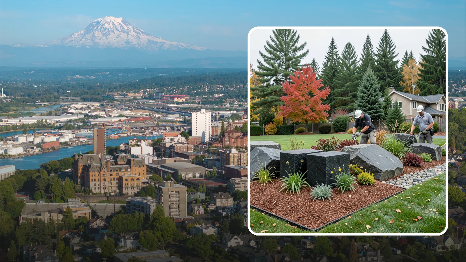 Basalt Rock Installation in Tacoma, Pierce County, WA - Dark, dense Northwest basalt in columns, boulders, and crushed forms for a bold, native-stone character.