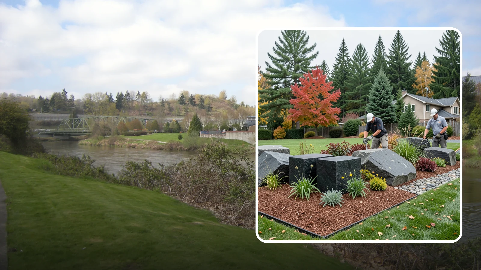 Basalt Rock Installation in Tukwila, King County, WA - Dark, dense Northwest basalt in columns, boulders, and crushed forms for a bold, native-stone character.