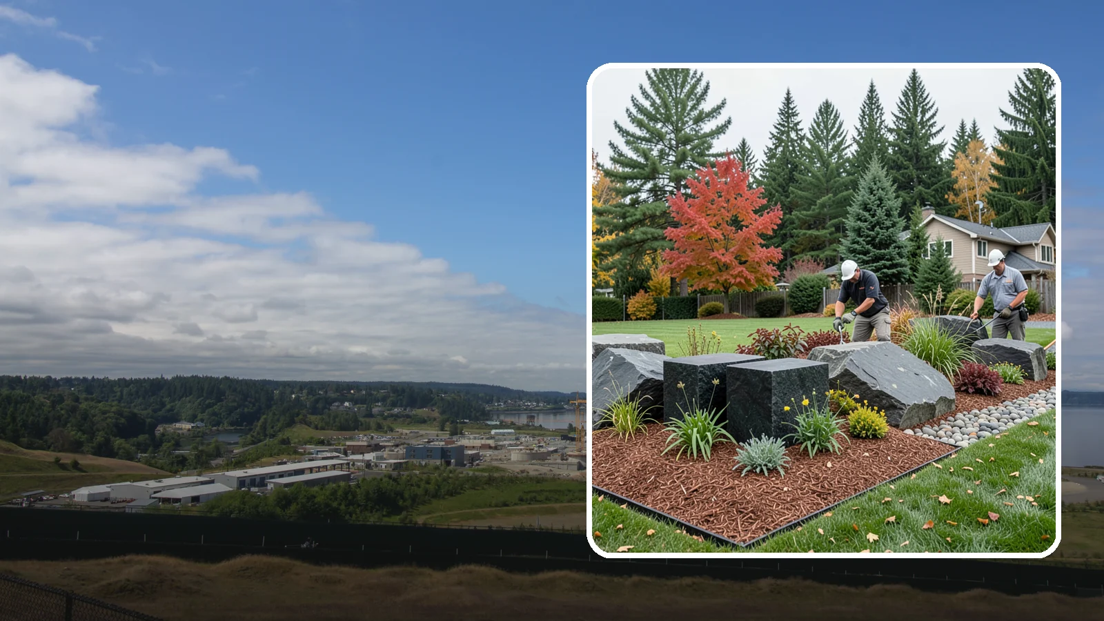 Basalt Rock Installation in University Place, Pierce County, WA - Dark, dense Northwest basalt in columns, boulders, and crushed forms for a bold, native-stone character.