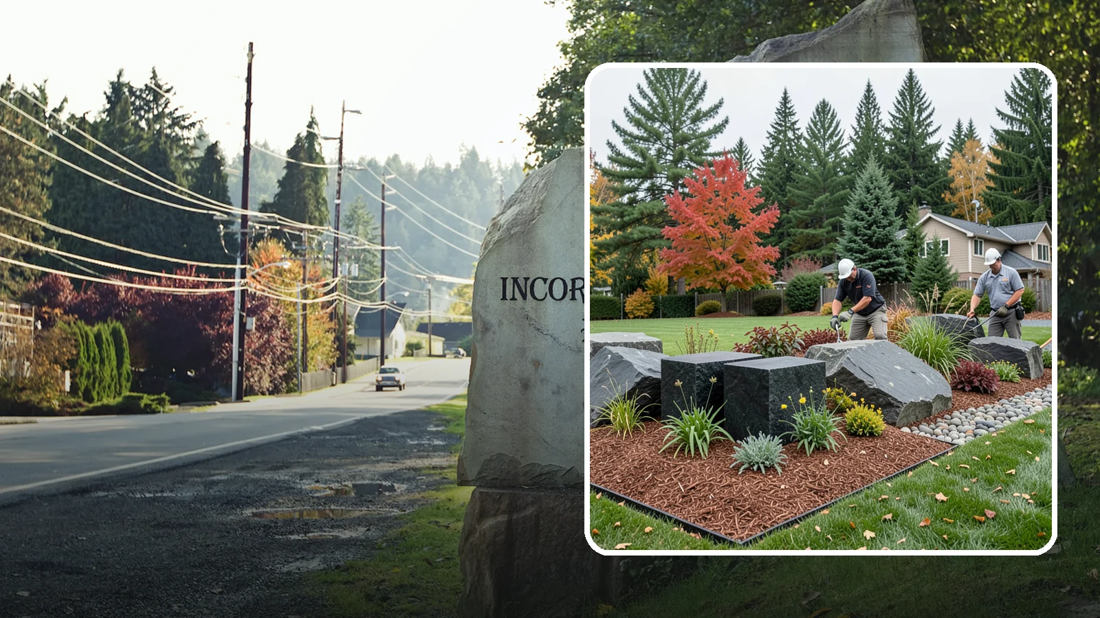 Basalt Rock Installation in Wilkeson, Pierce County, WA - Dark, dense Northwest basalt in columns, boulders, and crushed forms for a bold, native-stone character.
