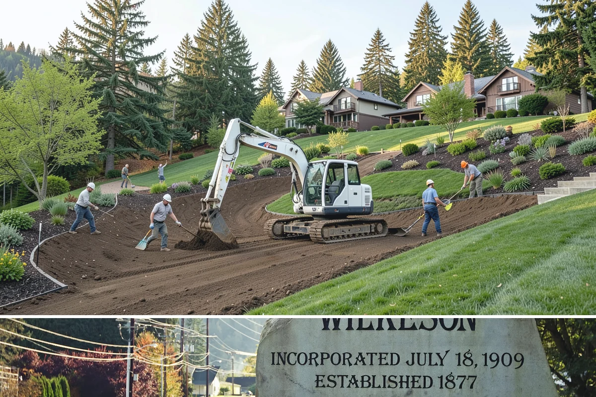 Basalt Rock Installation in Wilkeson, Pierce County, WA - Basalt can be set any time of year, though summer's firmer ground makes placing heavy boulders and columns safer and easier.