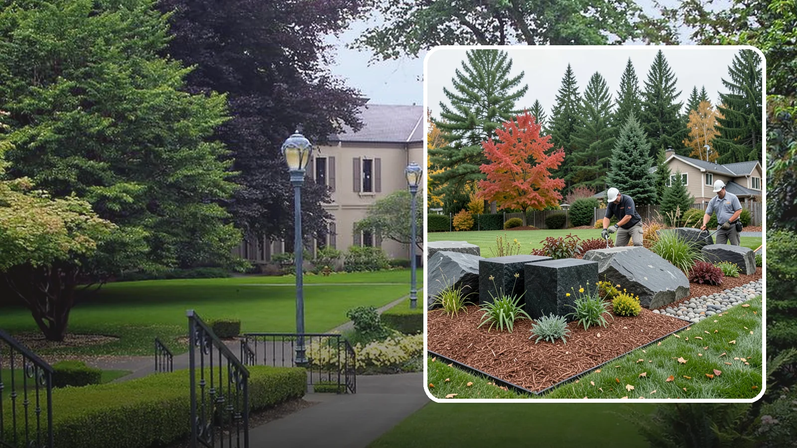 Basalt Rock Installation in Woodinville, King County, WA - Dark, dense Northwest basalt in columns, boulders, and crushed forms for a bold, native-stone character.
