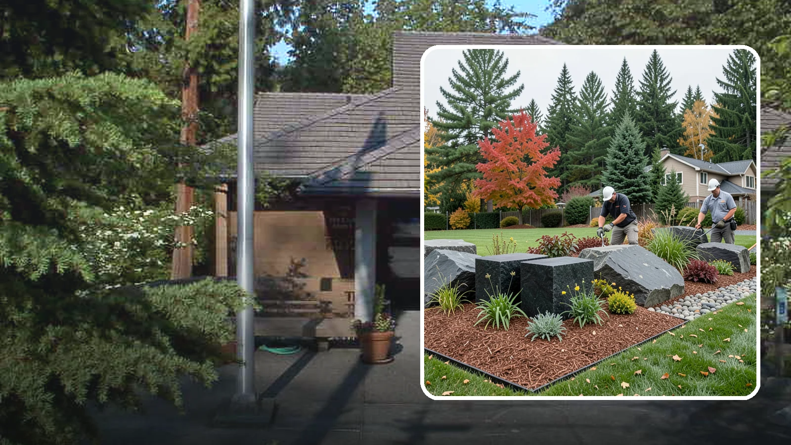 Basalt Rock Installation in Yarrow Point, King County, WA - Dark, dense Northwest basalt in columns, boulders, and crushed forms for a bold, native-stone character.