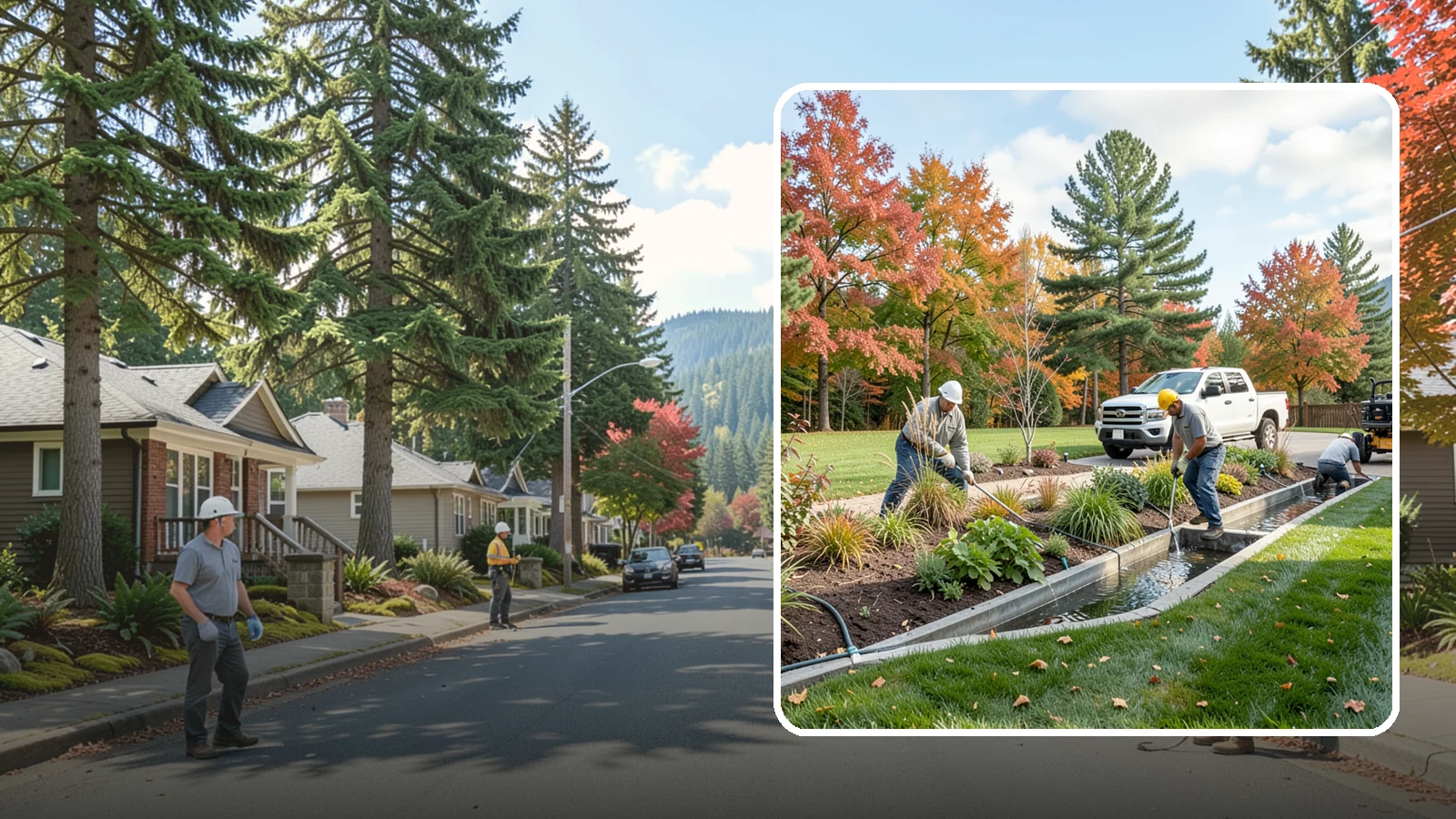 Bioswale Installation in Hunts Point, King County, WA - Engineered bioswales that channel, slow, and filter stormwater runoff naturally and attractively.