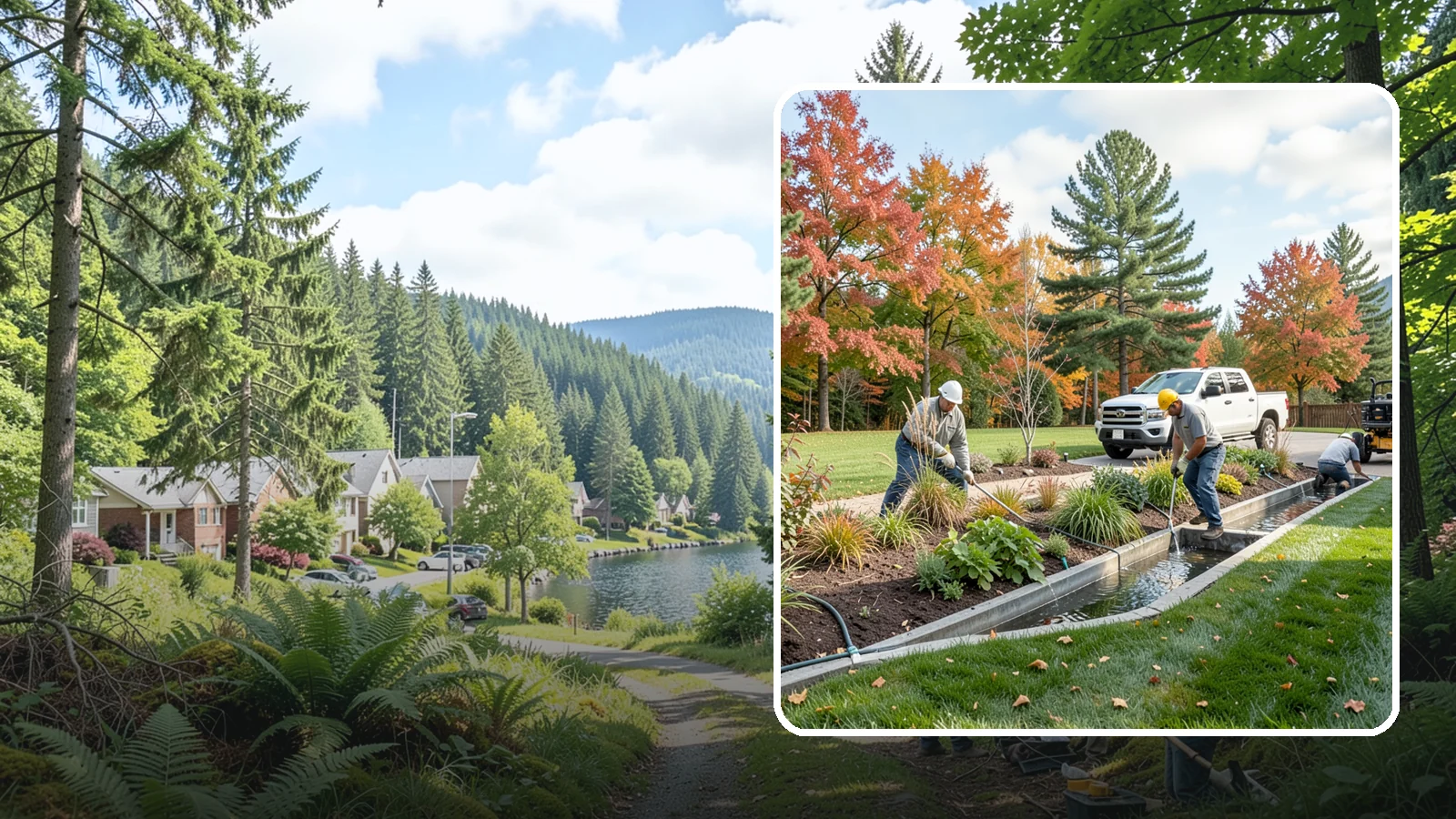 Bioswale Installation in Lake Forest Park, King County, WA - Engineered bioswales that channel, slow, and filter stormwater runoff naturally and attractively.