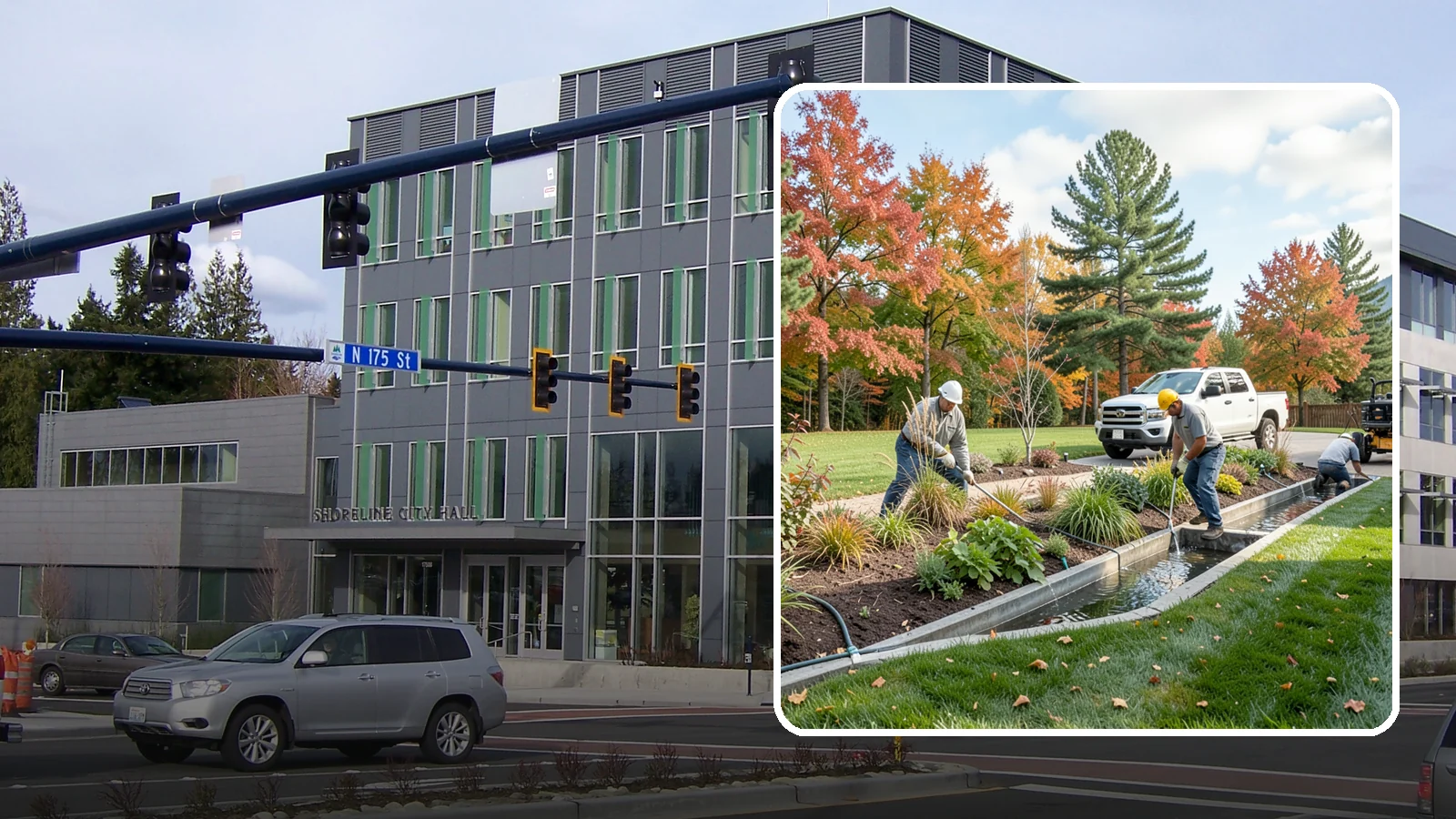 Bioswale Installation in Shoreline, King County, WA - Engineered bioswales that channel, slow, and filter stormwater runoff naturally and attractively.