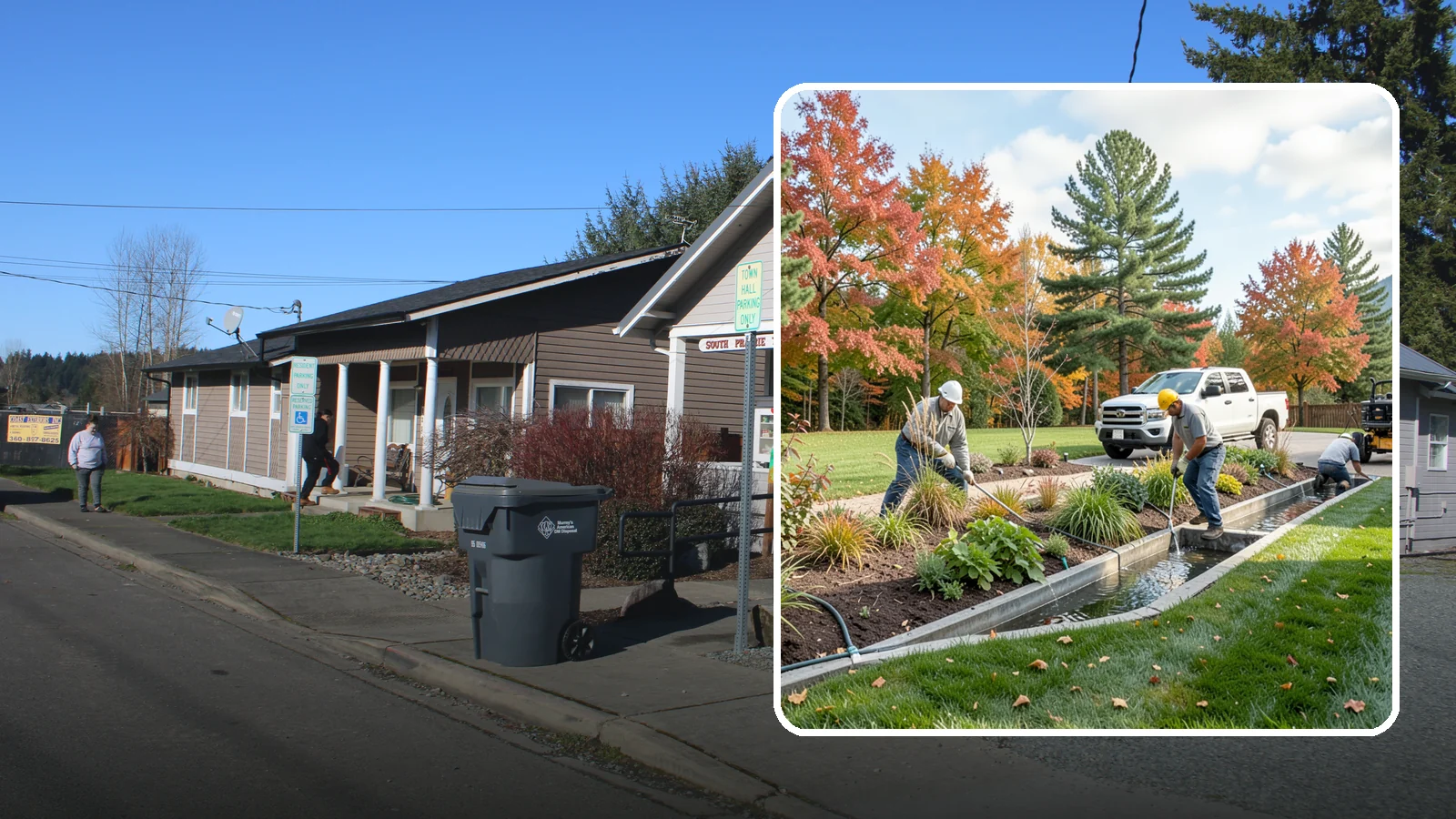 Bioswale Installation in South Prairie, Pierce County, WA - Engineered bioswales that channel, slow, and filter stormwater runoff naturally and attractively.