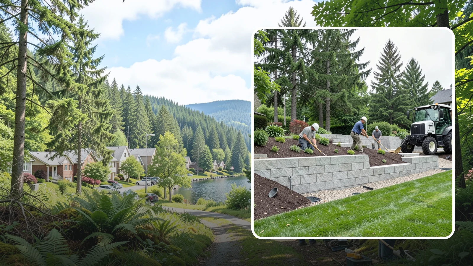 Block Wall Installation in Lake Forest Park, King County, WA - We build engineered concrete block retaining walls with the drainage systems essential for saturated Northwest slopes.