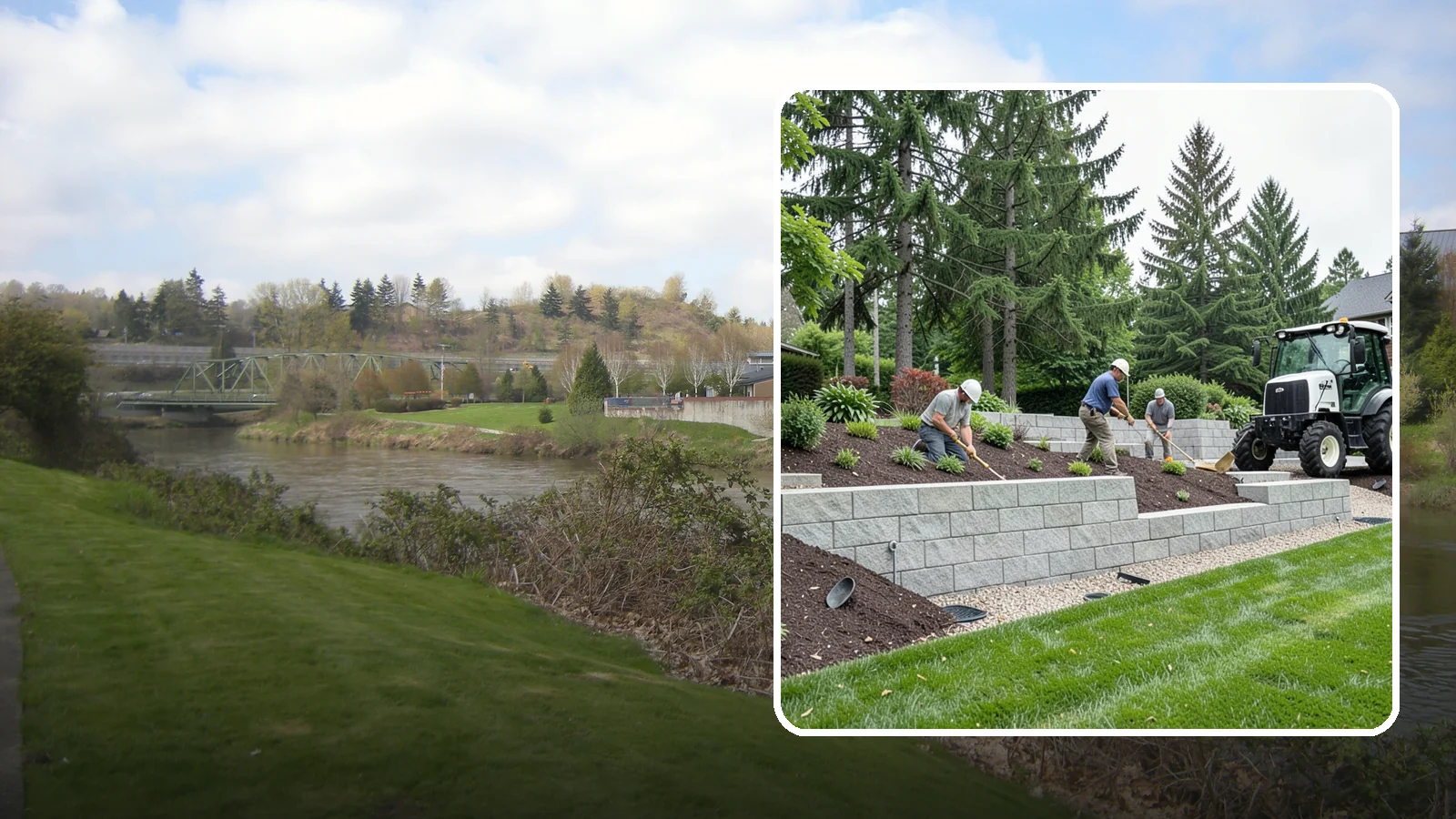Block Wall Installation in Tukwila, King County, WA - We build engineered concrete block retaining walls with the drainage systems essential for saturated Northwest slopes.