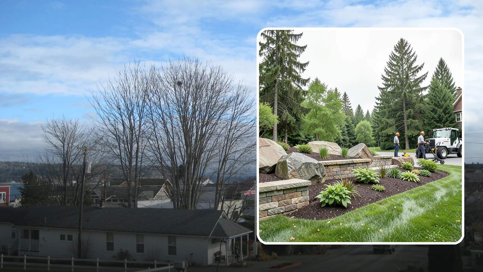 Boulder Placement in Langley, Island County, WA - Natural boulders placed as focal points, accents, and functional features in the landscape.