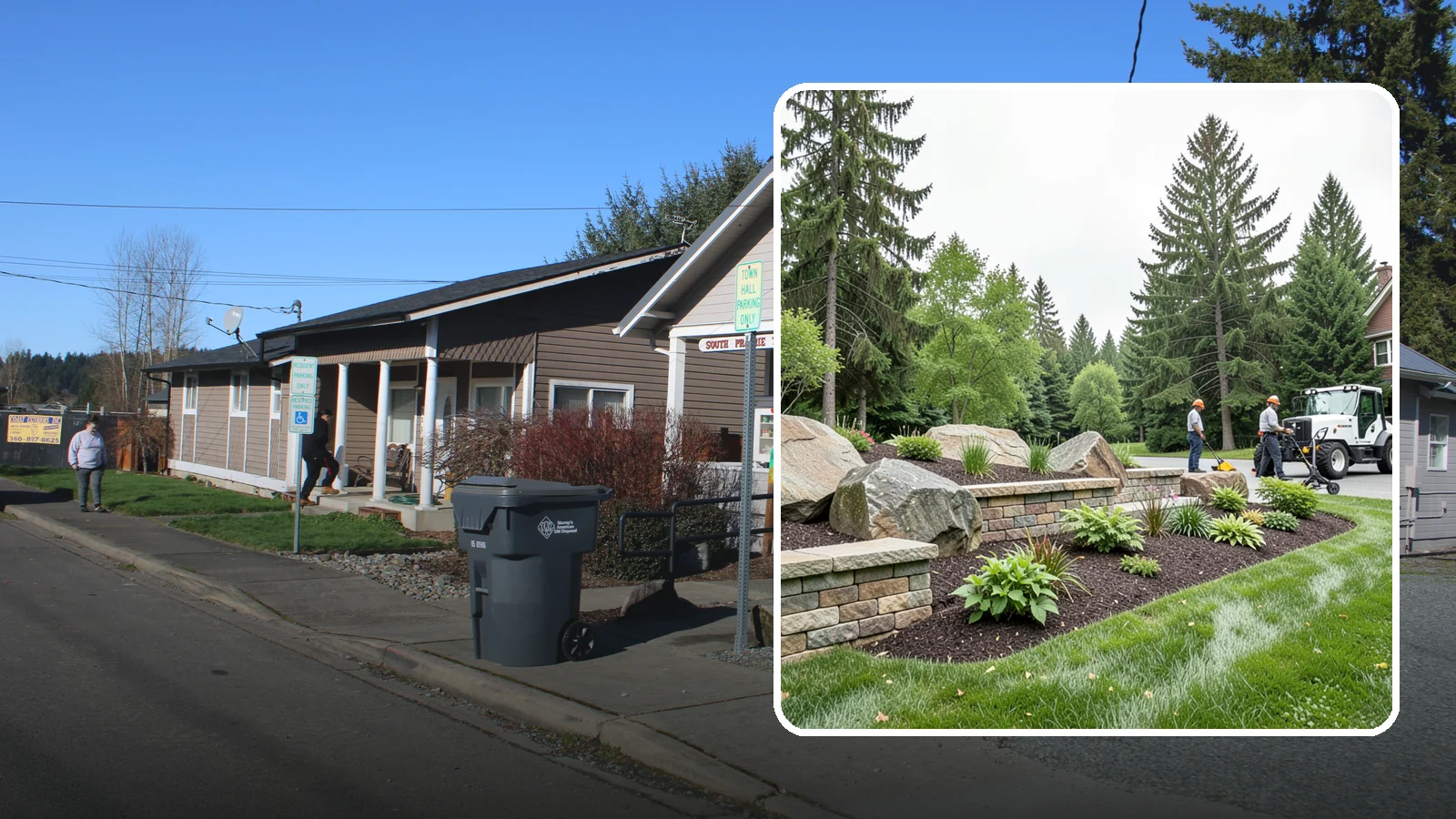Boulder Placement in South Prairie, Pierce County, WA - Natural boulders placed as focal points, accents, and functional features in the landscape.