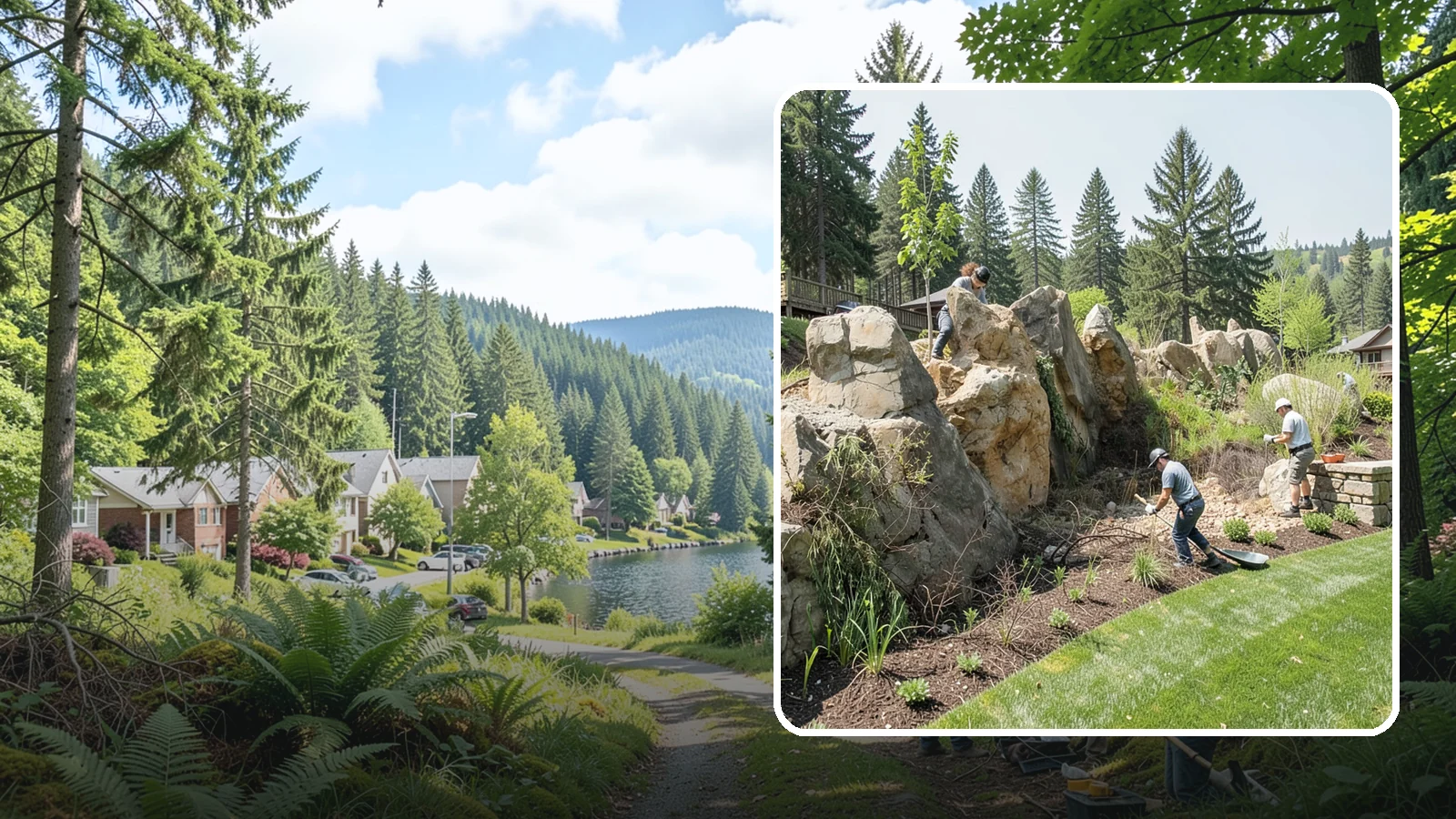 Boulder Retaining Wall in Lake Forest Park, King County, WA - A rugged wall of large stacked boulders that stabilizes steep PNW slopes with a bold, naturalistic look and excellent drainage.