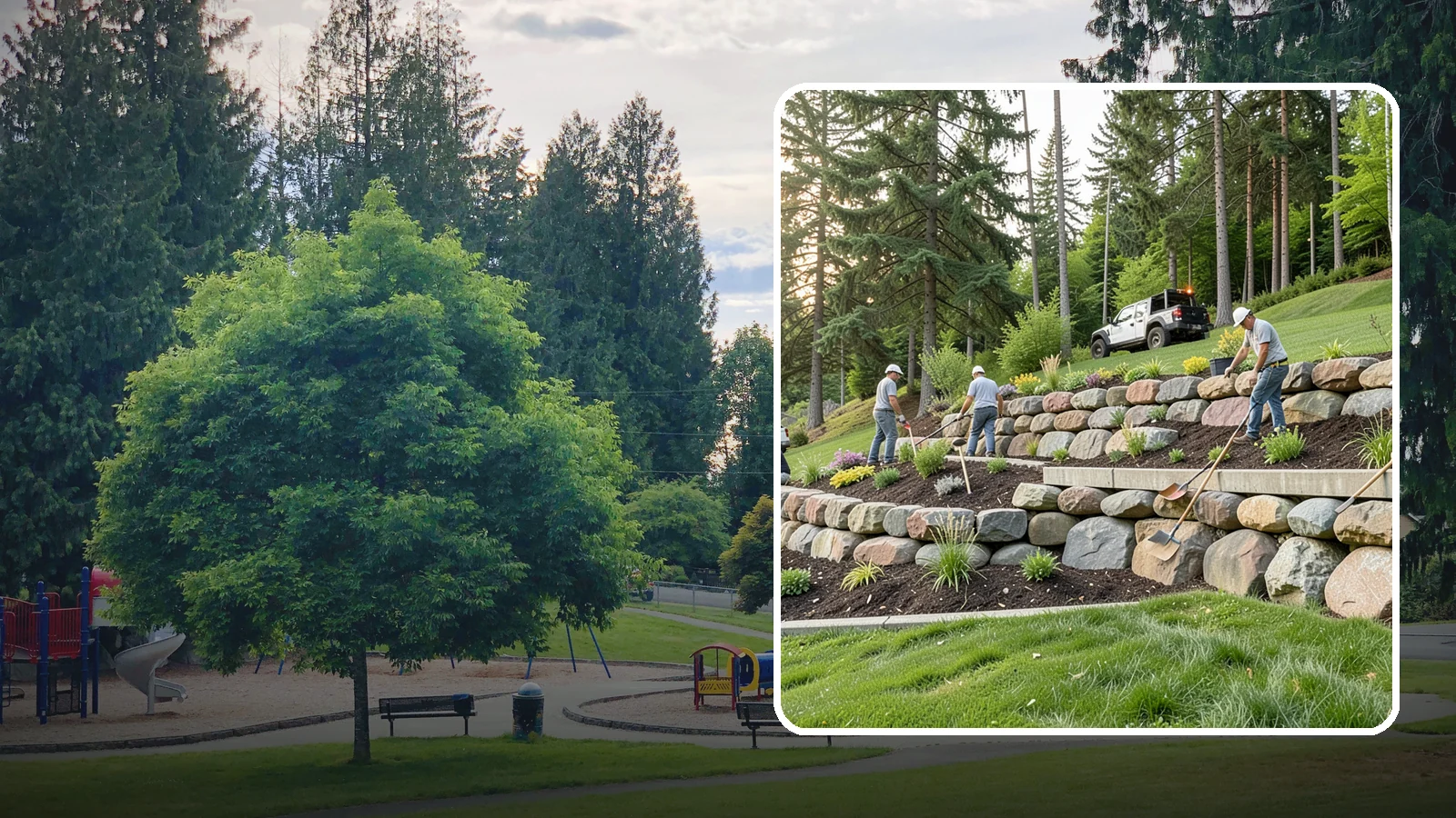 Boulder Wall Installation in Bonney Lake, Pierce County, WA - We place large landscape boulders into rugged retaining walls built to handle Northwest slopes and runoff.