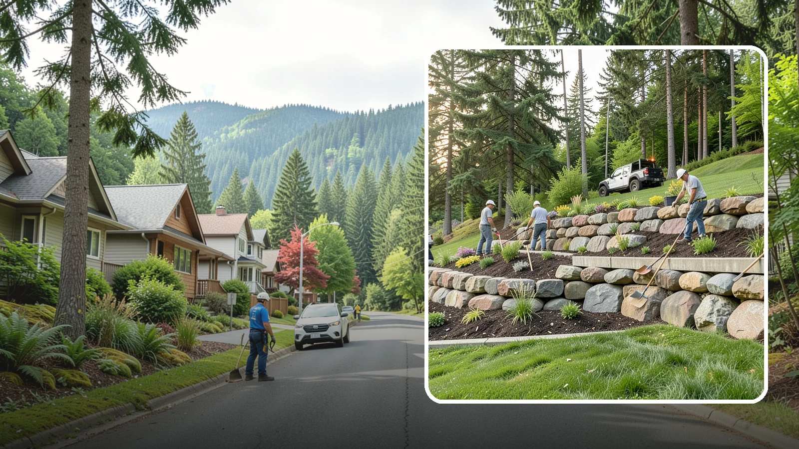 Boulder Wall Installation in Darrington, Snohomish County, WA - We place large landscape boulders into rugged retaining walls built to handle Northwest slopes and runoff.