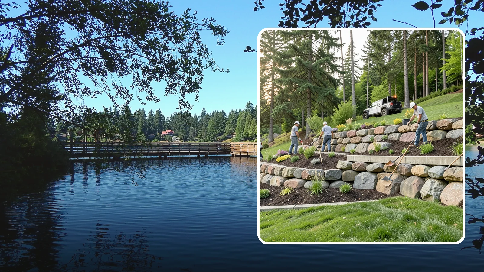 Boulder Wall Installation in Federal Way, King County, WA - We place large landscape boulders into rugged retaining walls built to handle Northwest slopes and runoff.