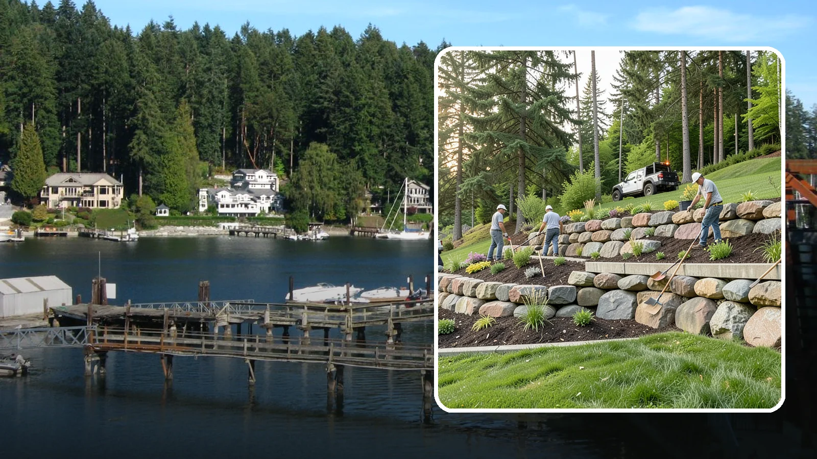Boulder Wall Installation in Gig Harbor, Pierce County, WA - We place large landscape boulders into rugged retaining walls built to handle Northwest slopes and runoff.