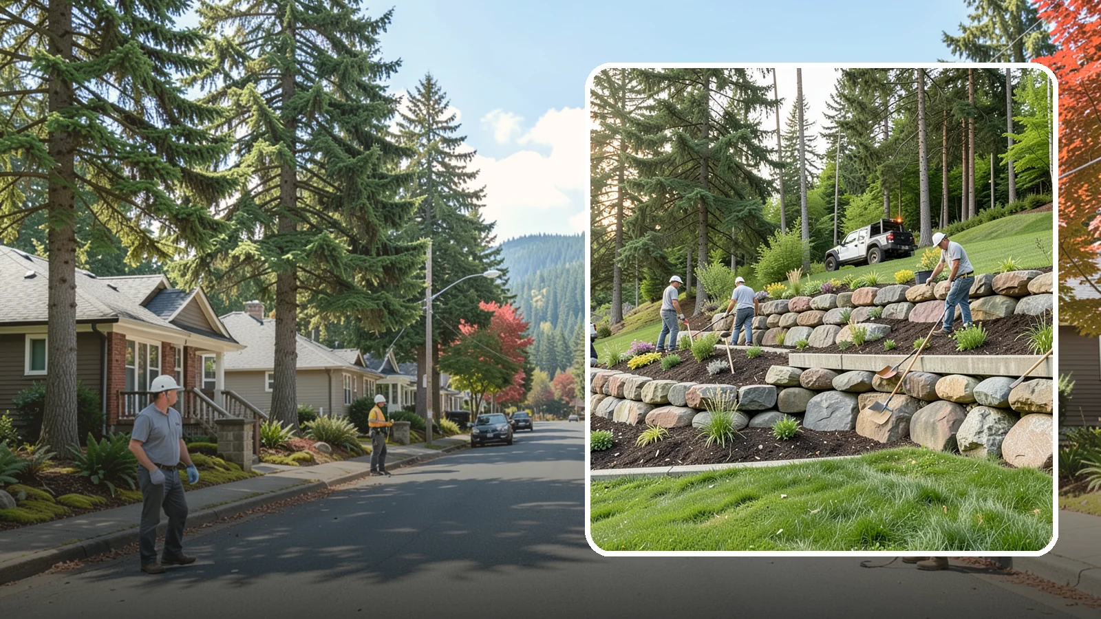 Boulder Wall Installation in Hunts Point, King County, WA - We place large landscape boulders into rugged retaining walls built to handle Northwest slopes and runoff.