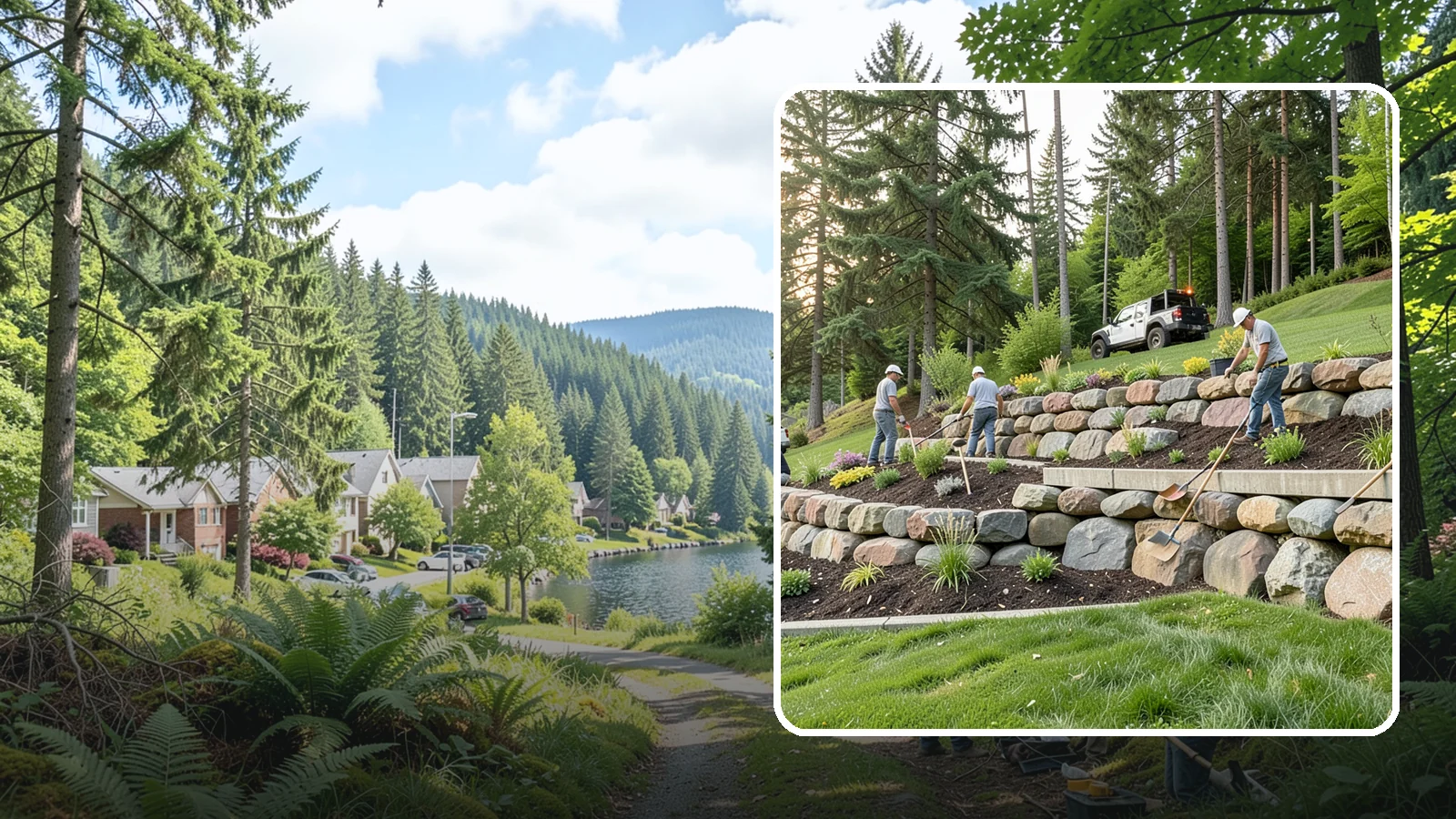 Boulder Wall Installation in Lake Forest Park, King County, WA - We place large landscape boulders into rugged retaining walls built to handle Northwest slopes and runoff.