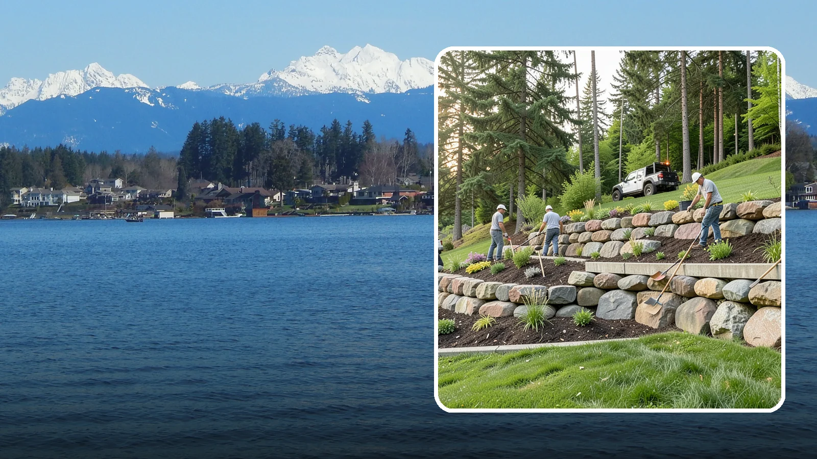 Boulder Wall Installation in Lake Stevens, Snohomish County, WA - We place large landscape boulders into rugged retaining walls built to handle Northwest slopes and runoff.