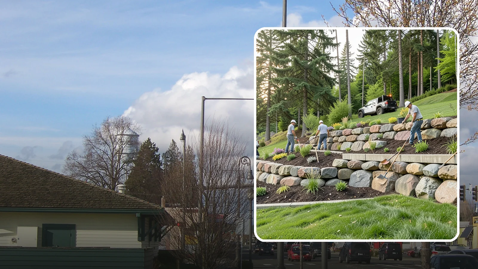 Boulder Wall Installation in Marysville, Snohomish County, WA - We place large landscape boulders into rugged retaining walls built to handle Northwest slopes and runoff.