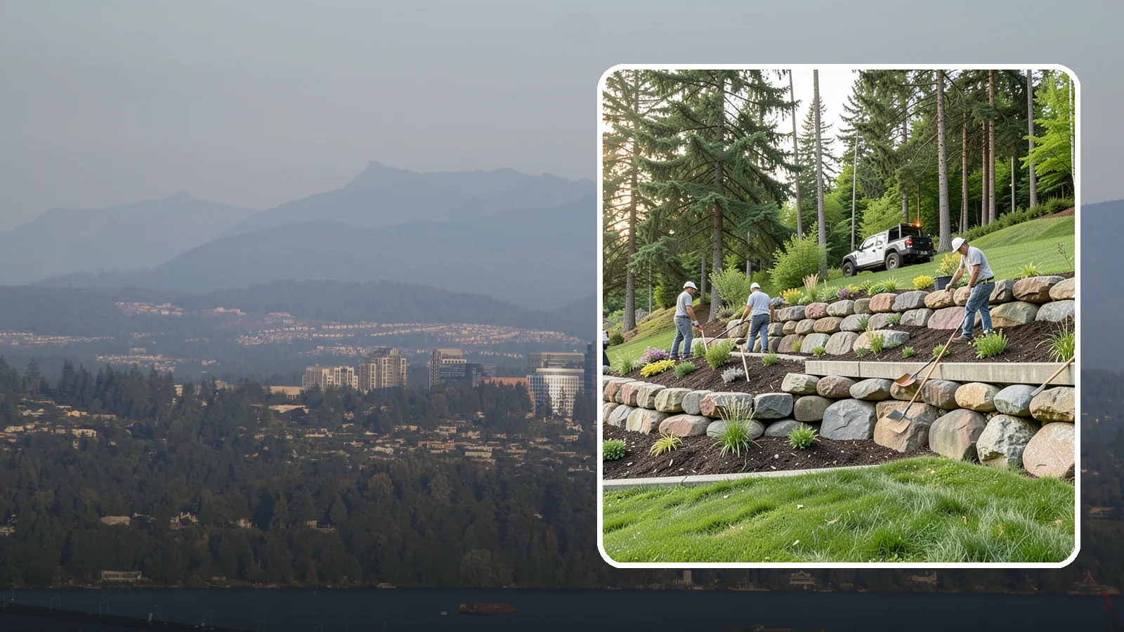 Boulder Wall Installation in Medina, King County, WA - We place large landscape boulders into rugged retaining walls built to handle Northwest slopes and runoff.