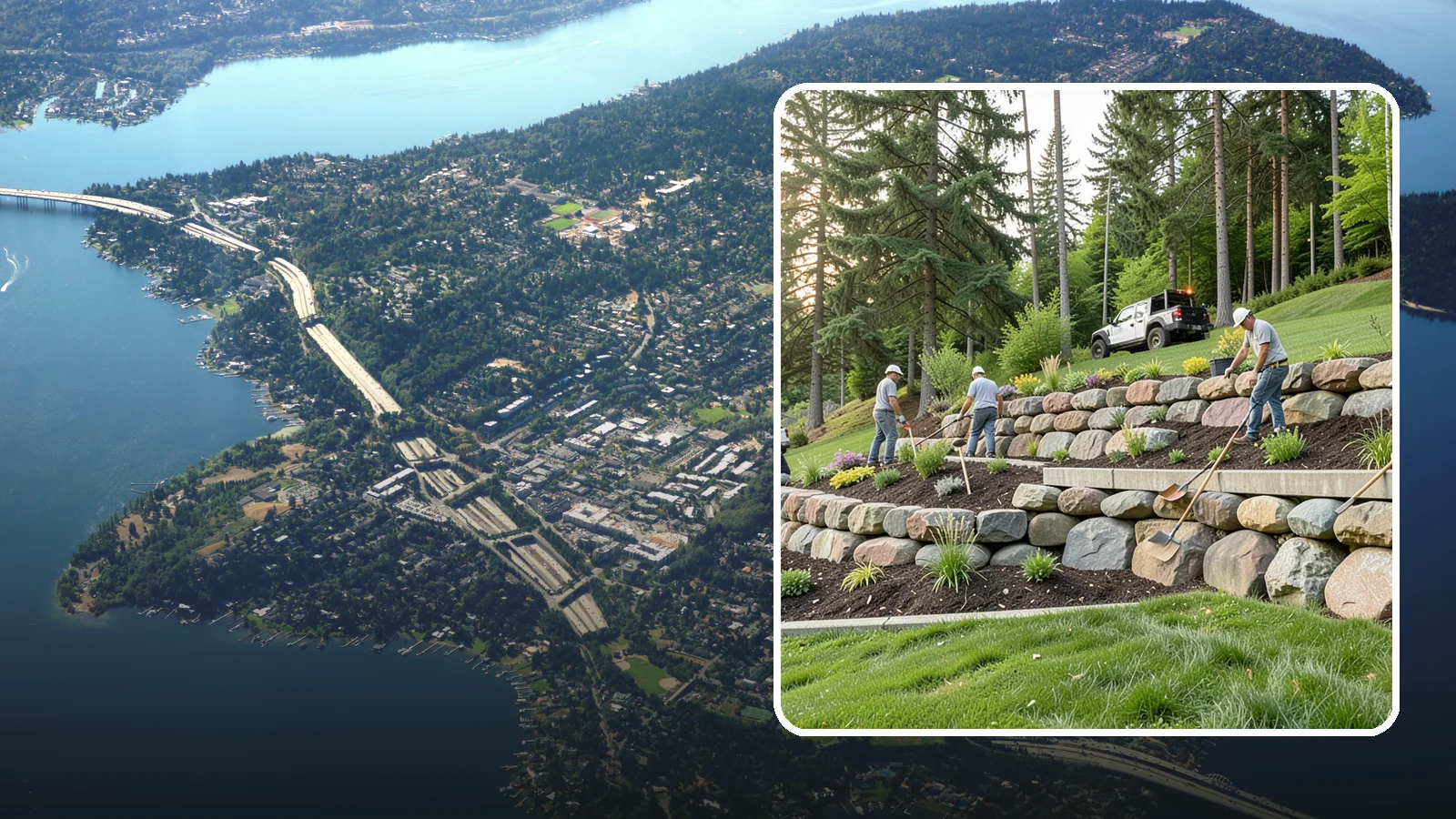 Boulder Wall Installation in Mercer Island, King County, WA - We place large landscape boulders into rugged retaining walls built to handle Northwest slopes and runoff.