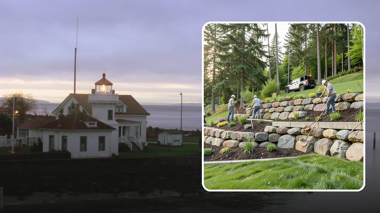 Boulder Wall Installation in Mukilteo, Snohomish County, WA - We place large landscape boulders into rugged retaining walls built to handle Northwest slopes and runoff.