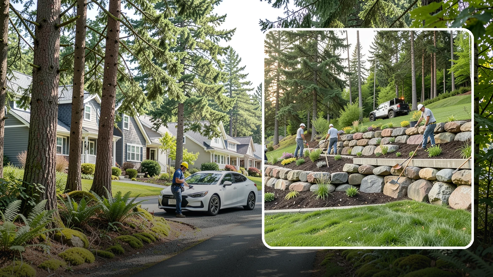Boulder Wall Installation in Normandy Park, King County, WA - We place large landscape boulders into rugged retaining walls built to handle Northwest slopes and runoff.