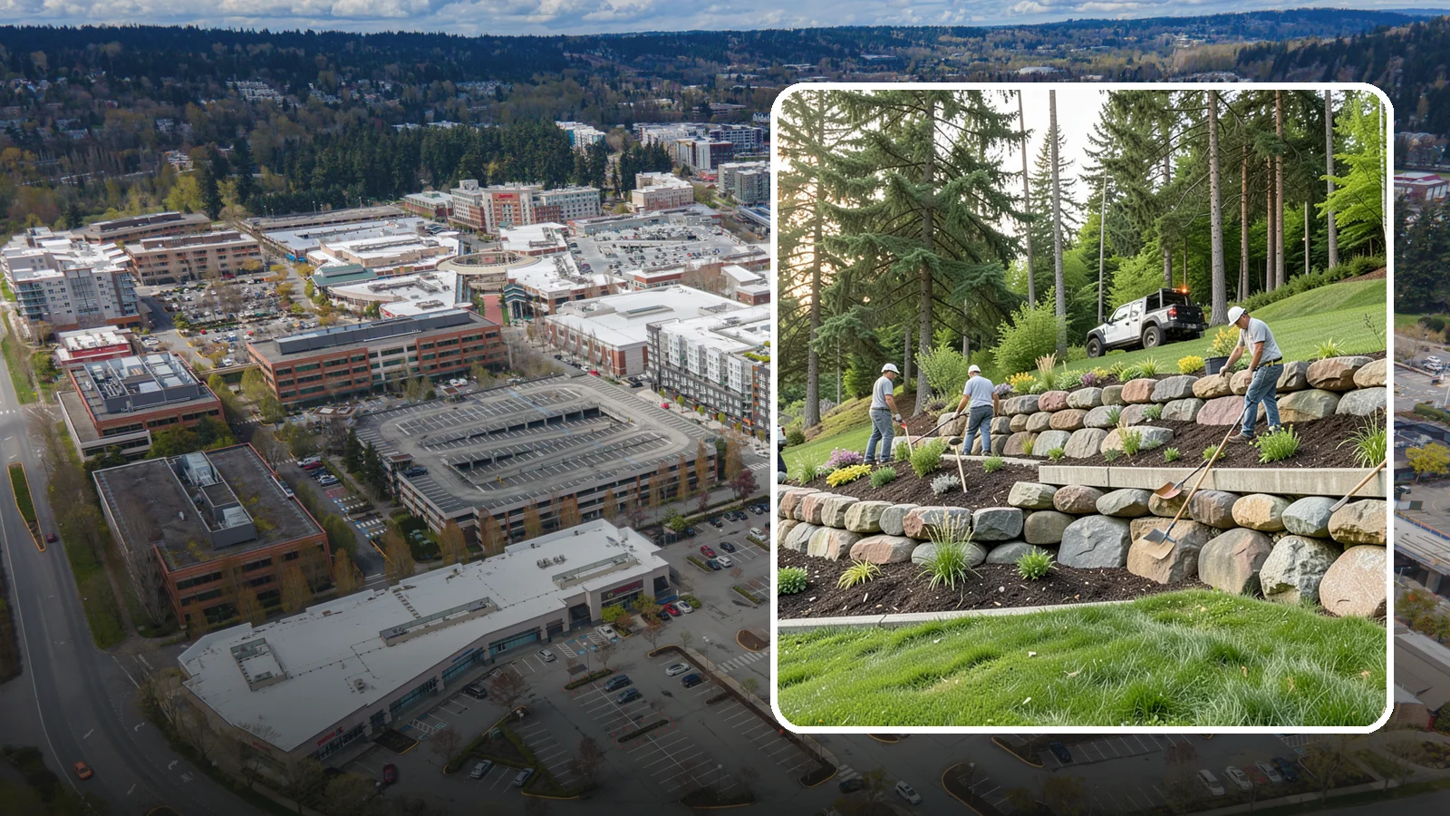 Boulder Wall Installation in Redmond, King County, WA - We place large landscape boulders into rugged retaining walls built to handle Northwest slopes and runoff.