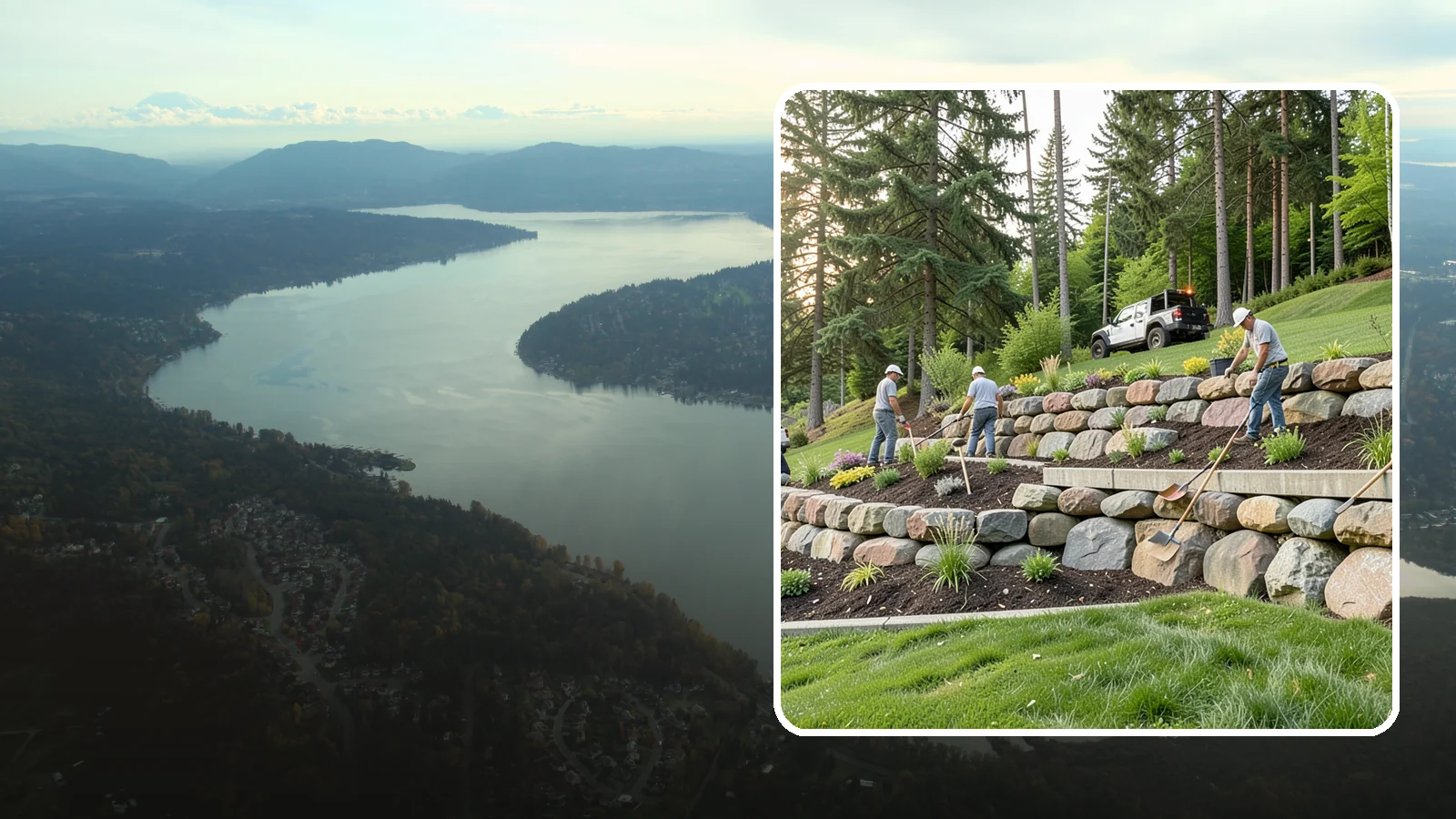 Boulder Wall Installation in Sammamish, King County, WA - We place large landscape boulders into rugged retaining walls built to handle Northwest slopes and runoff.