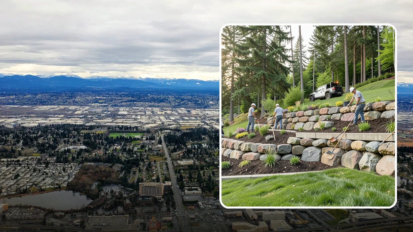 Boulder Wall Installation in SeaTac, King County, WA - We place large landscape boulders into rugged retaining walls built to handle Northwest slopes and runoff.