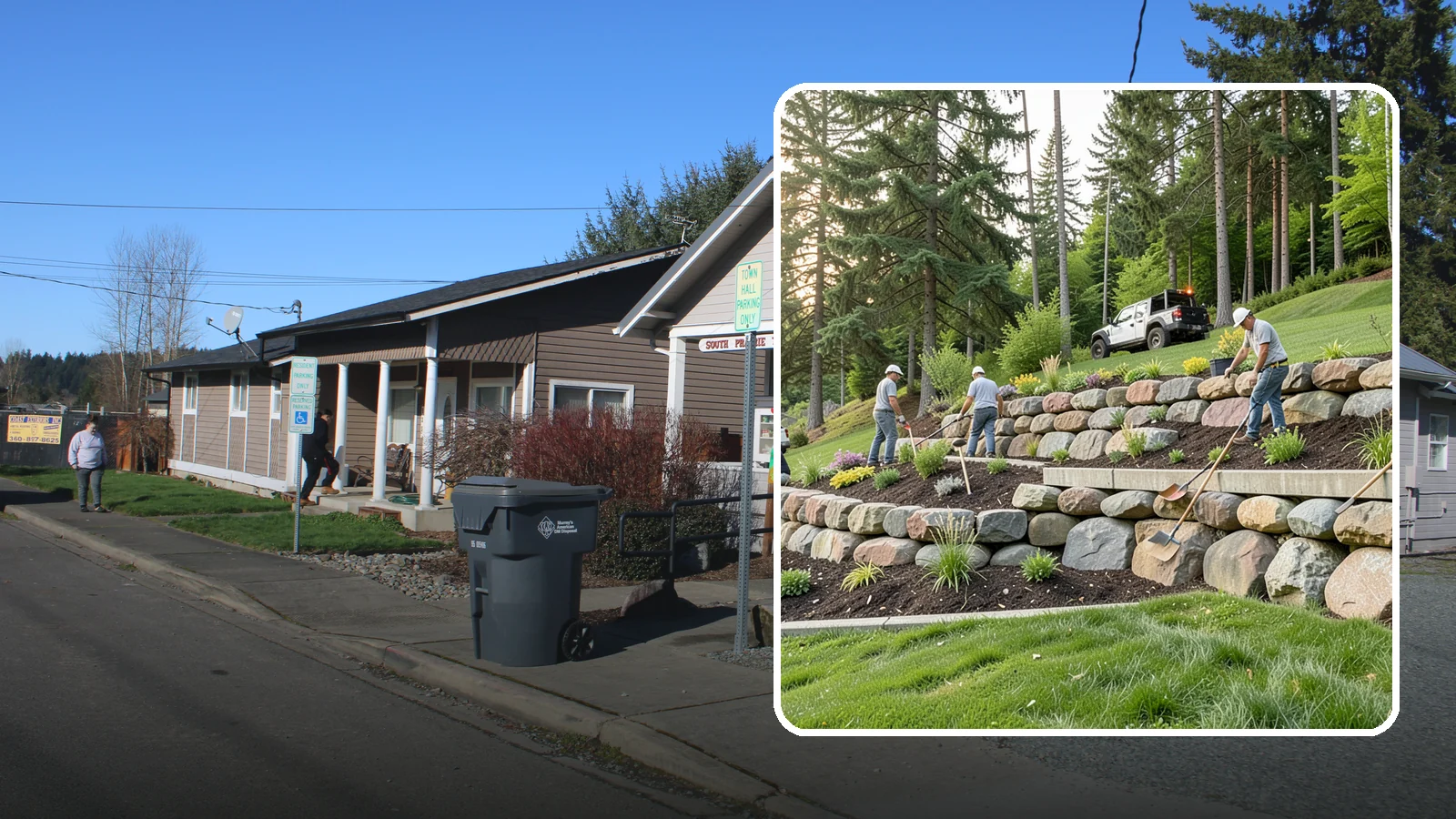 Boulder Wall Installation in South Prairie, Pierce County, WA - We place large landscape boulders into rugged retaining walls built to handle Northwest slopes and runoff.