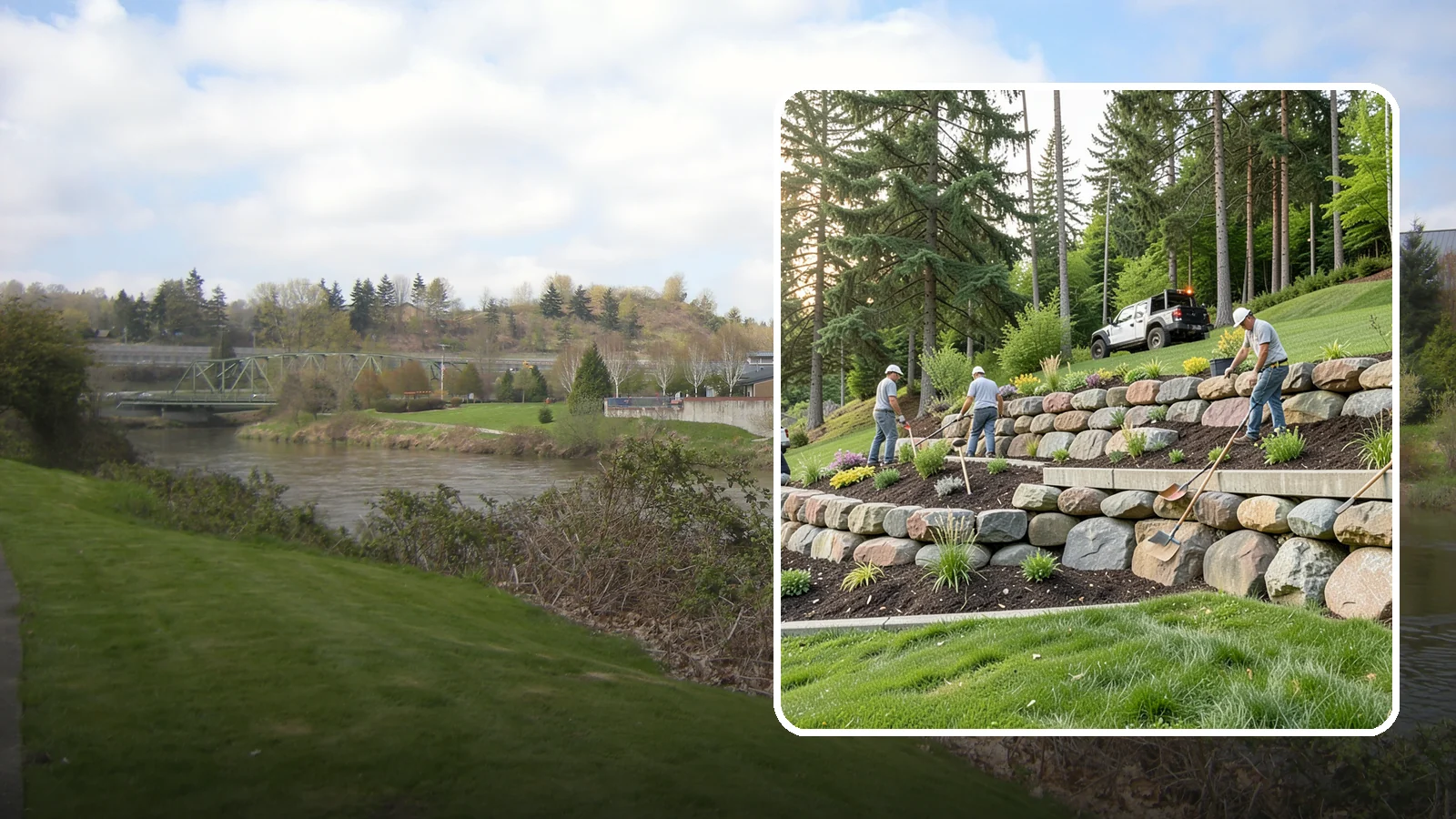 Boulder Wall Installation in Tukwila, King County, WA - We place large landscape boulders into rugged retaining walls built to handle Northwest slopes and runoff.