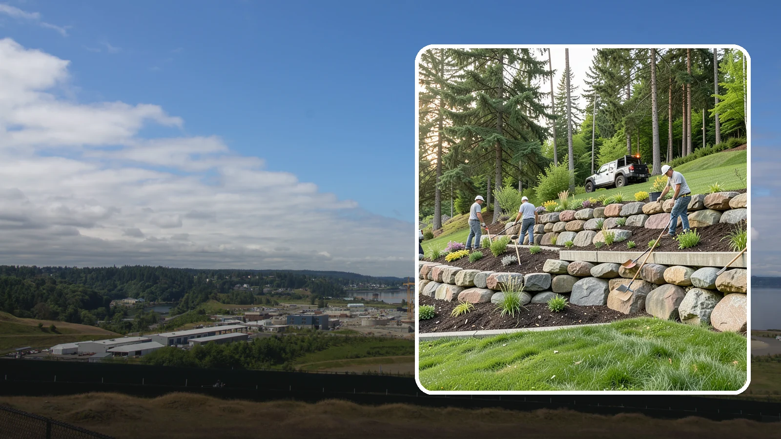 Boulder Wall Installation in University Place, Pierce County, WA - We place large landscape boulders into rugged retaining walls built to handle Northwest slopes and runoff.