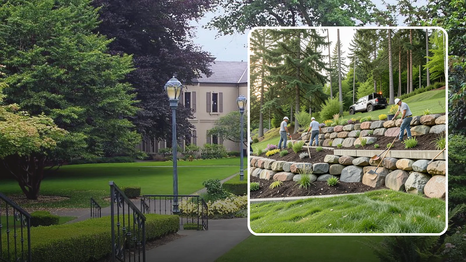 Boulder Wall Installation in Woodinville, King County, WA - We place large landscape boulders into rugged retaining walls built to handle Northwest slopes and runoff.