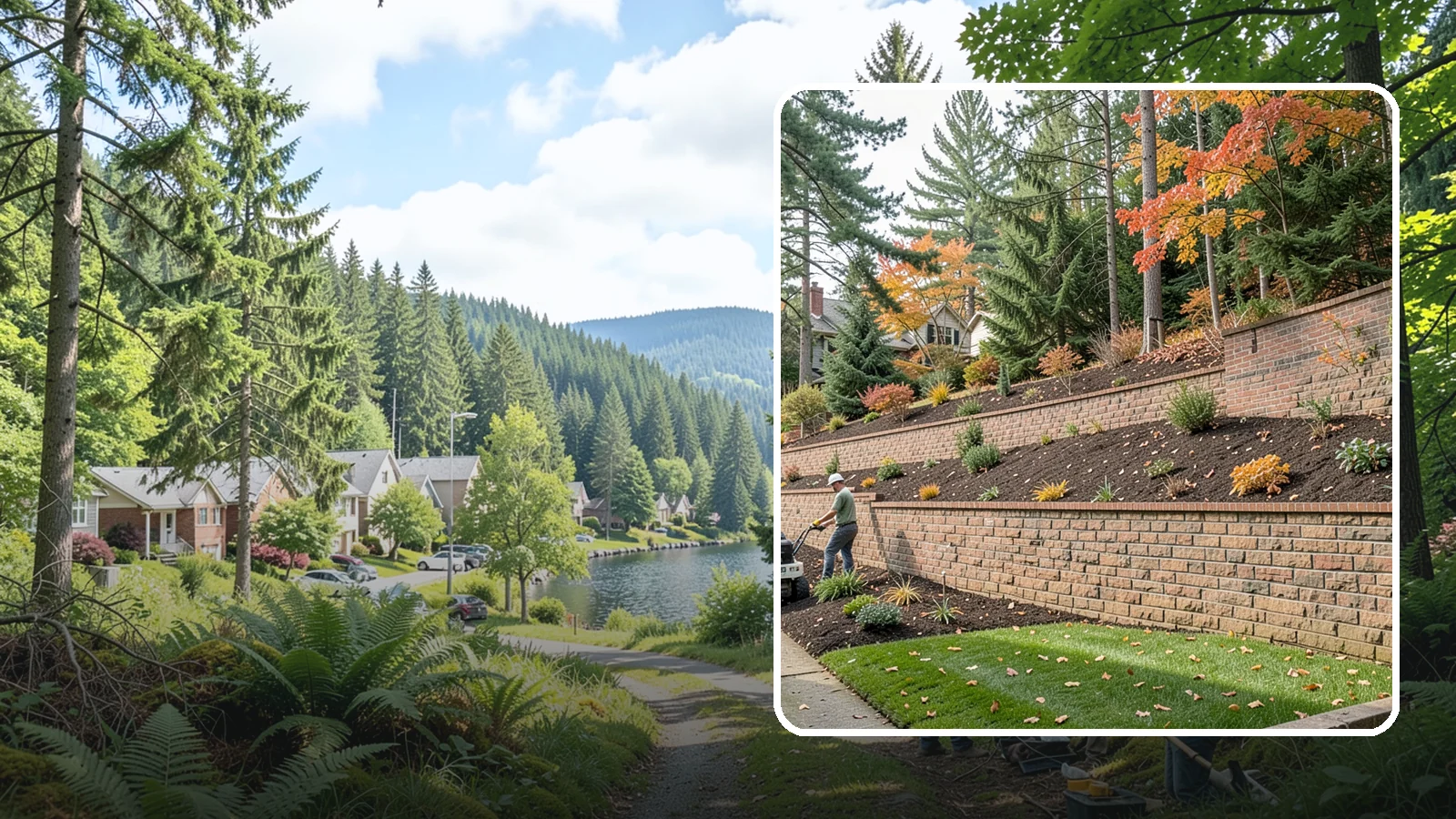 Brick Retaining Wall in Lake Forest Park, King County, WA - A classic mortared brick wall that brings refined, traditional curb appeal to Northwest homes while retaining modest slopes.