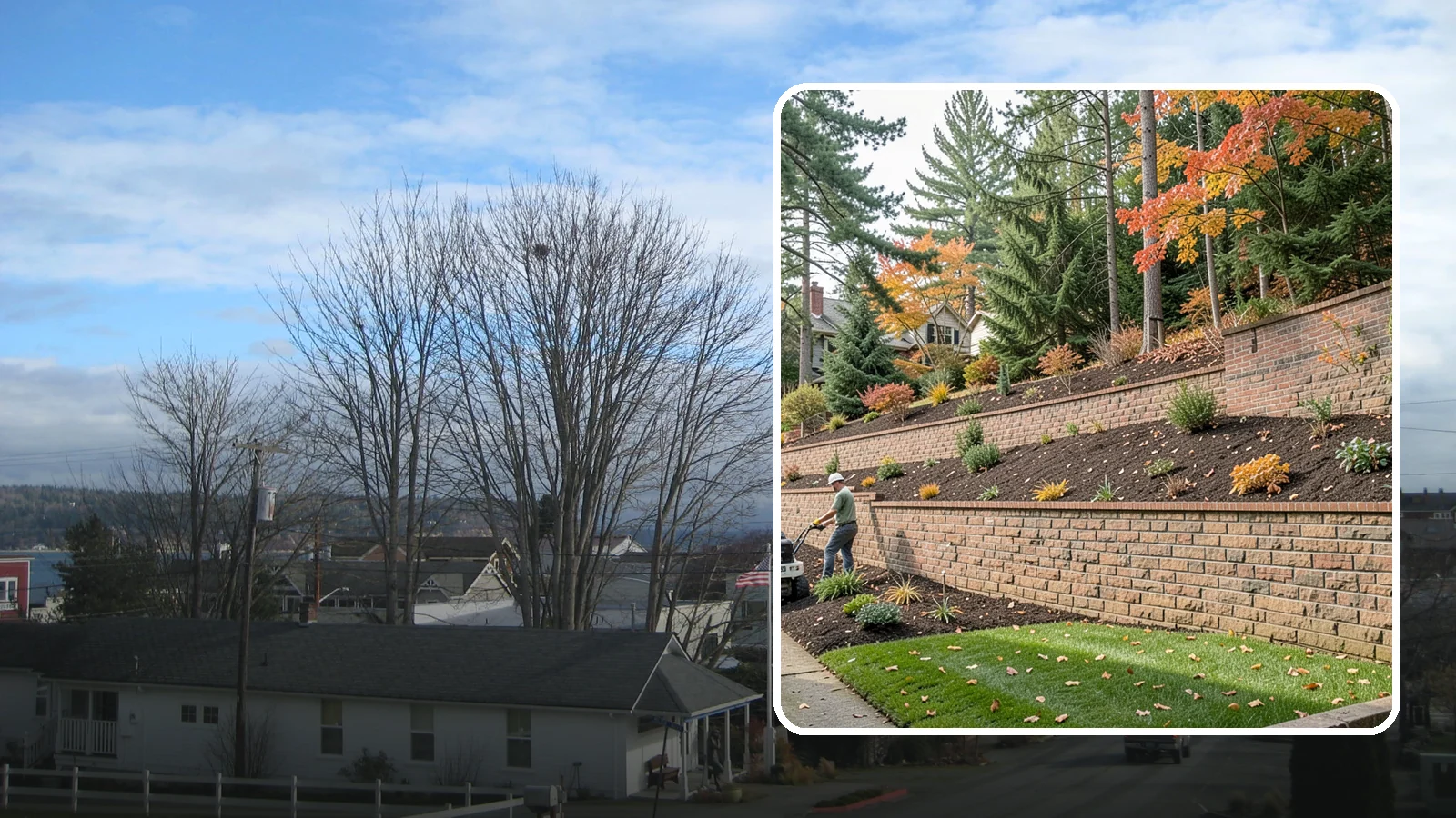 Brick Retaining Wall in Langley, Island County, WA - A classic mortared brick wall that brings refined, traditional curb appeal to Northwest homes while retaining modest slopes.