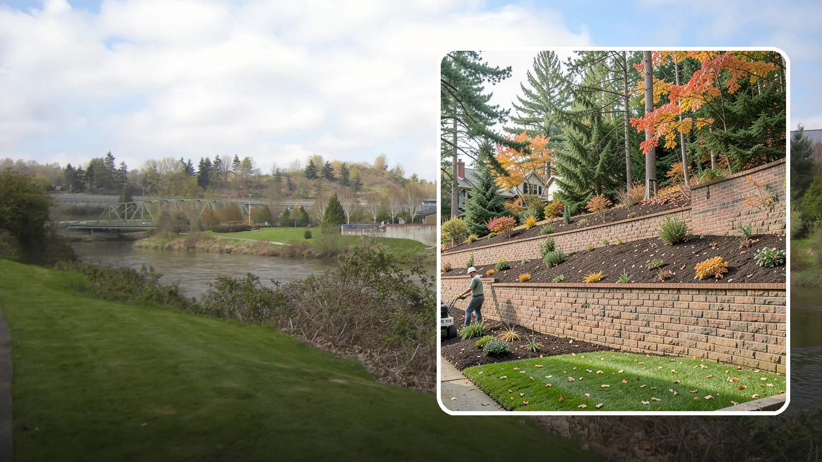 Brick Retaining Wall in Tukwila, King County, WA - A classic mortared brick wall that brings refined, traditional curb appeal to Northwest homes while retaining modest slopes.