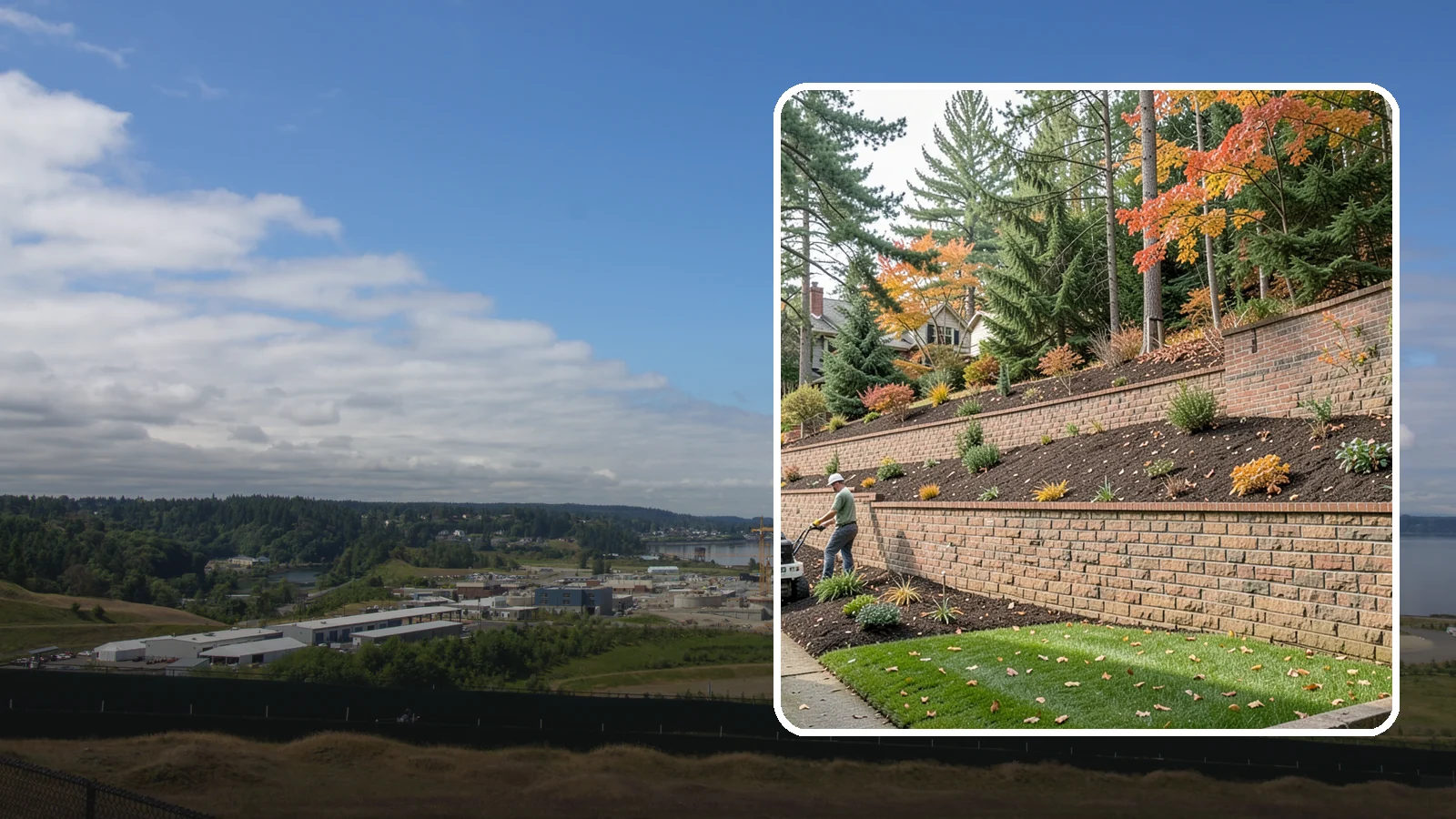 Brick Retaining Wall in University Place, Pierce County, WA - A classic mortared brick wall that brings refined, traditional curb appeal to Northwest homes while retaining modest slopes.