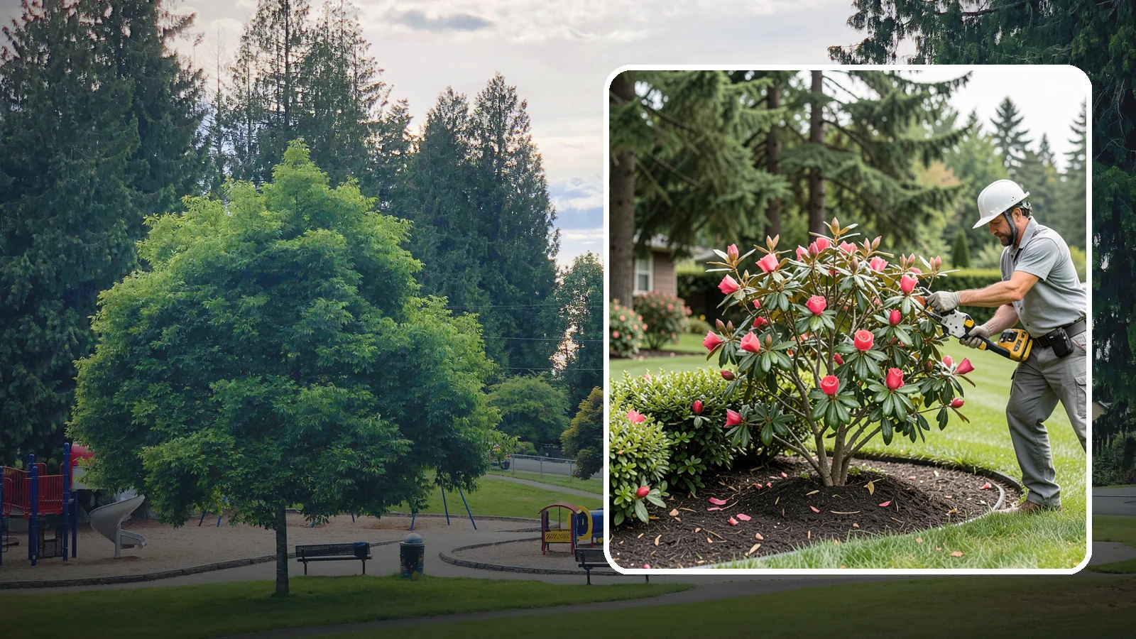 Camellia Pruning in Bonney Lake, Pierce County, WA - Post-bloom pruning of camellias to shape the canopy, remove deadwood, and protect the coming season's flower buds.