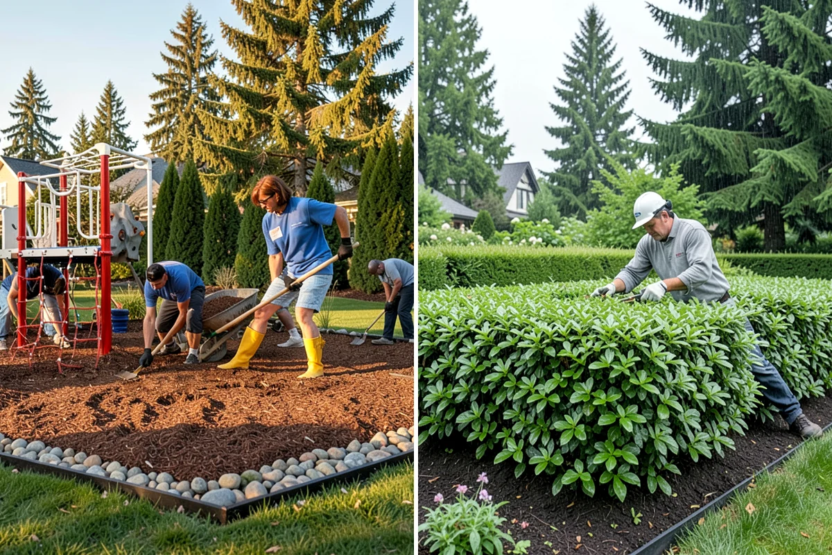 Cedar Mulch Installation in Normandy Park, King County, WA - Walk the property to measure bed square footage and note drainage and slope